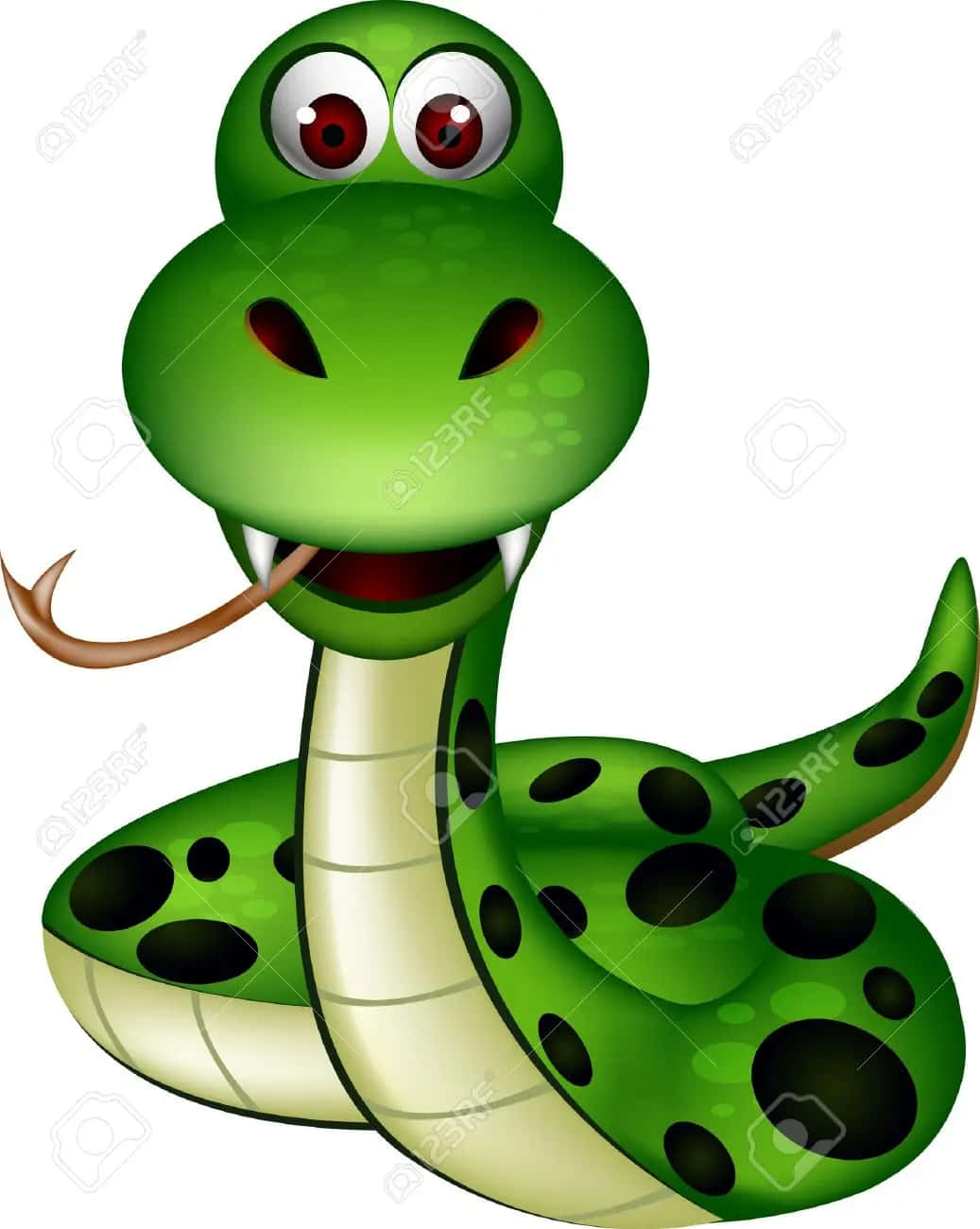 snakes 桌布 壁紙 — 一條快樂的卡通綠色蛇，帶有黑色斑點和紅色眼睛，微笑著露出尖牙和舌頭。