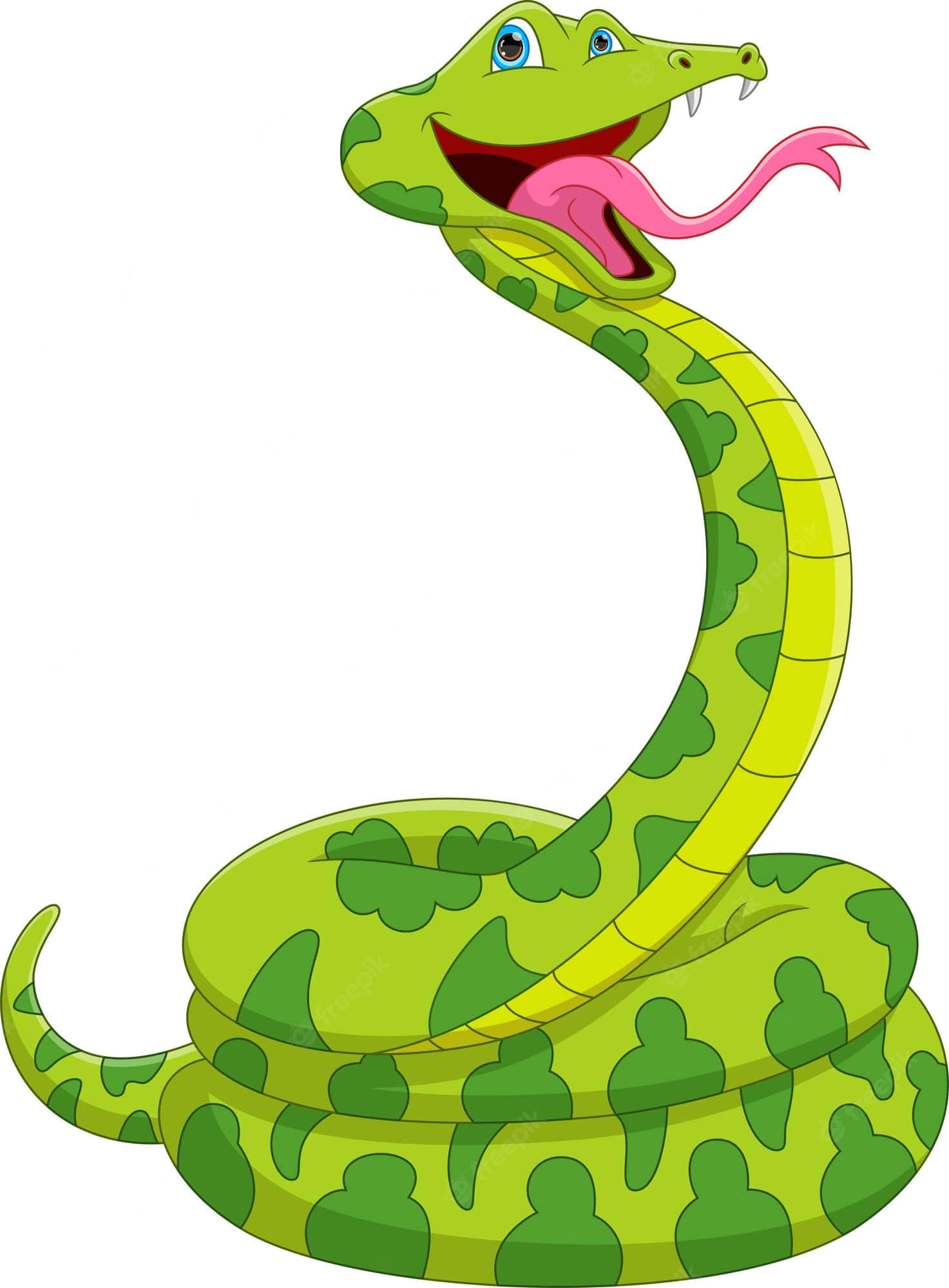 snakes 桌布 壁紙 — 一條快樂的卡通綠色蛇，有粉紅色的舌頭，在純白色背景上微笑並盤繞。