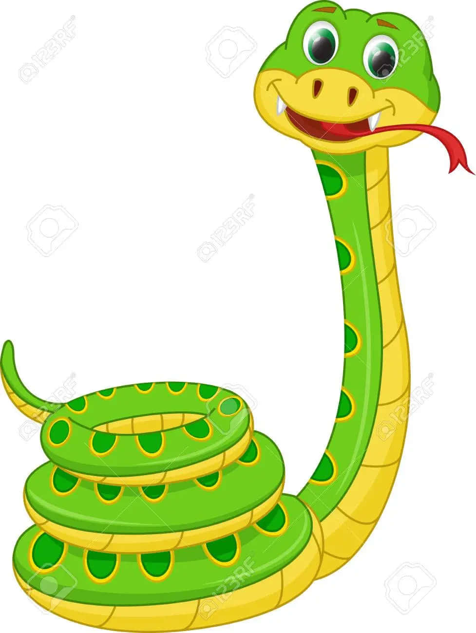 snakes 桌布 壁紙 — 一條快樂的卡通綠色蛇，黃色腹部，盤繞著並伸出紅色舌頭微笑。
