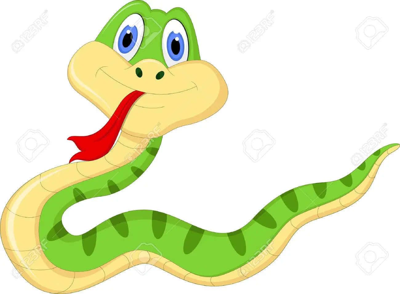 snakes 桌布 壁紙 — 一條快樂的卡通蛇，帶有綠色和黃色的鱗片以及紅色的舌頭，在白色背景上微笑。