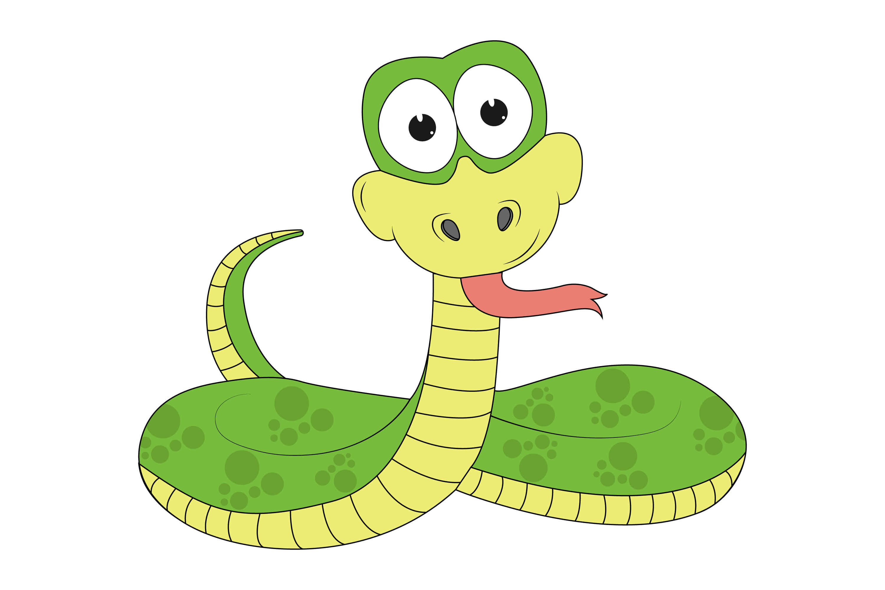 snakes 桌布 壁紙 — 一條快樂的卡通蛇，有大眼睛和粉紅色舌頭，在純白色背景上開心地盤繞著。
