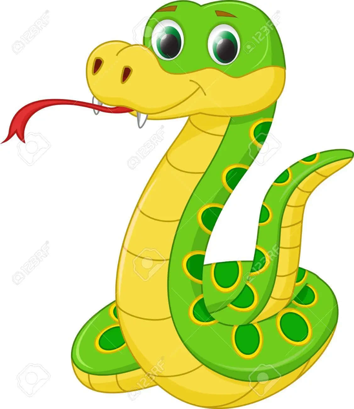 snakes 桌布 壁紙 — 一條快樂的卡通蛇，有綠色和黃色的鱗片、大眼睛和紅色的舌頭，在白色背景上微笑。
