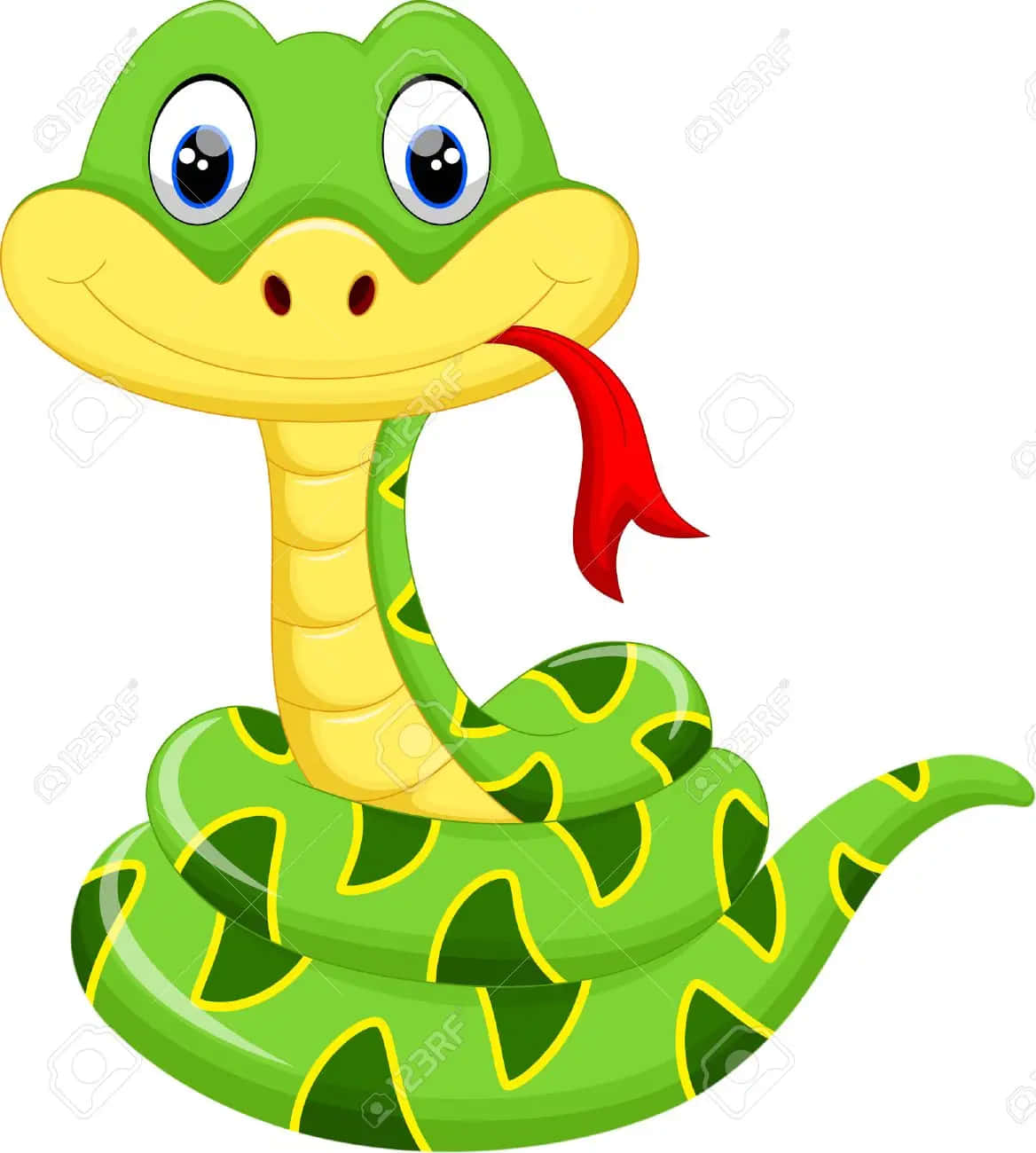 snakes 桌布 壁紙 — 一條快樂的卡通蛇，有綠色鱗片、黃色腹部和紅色舌頭，在白色背景上微笑。