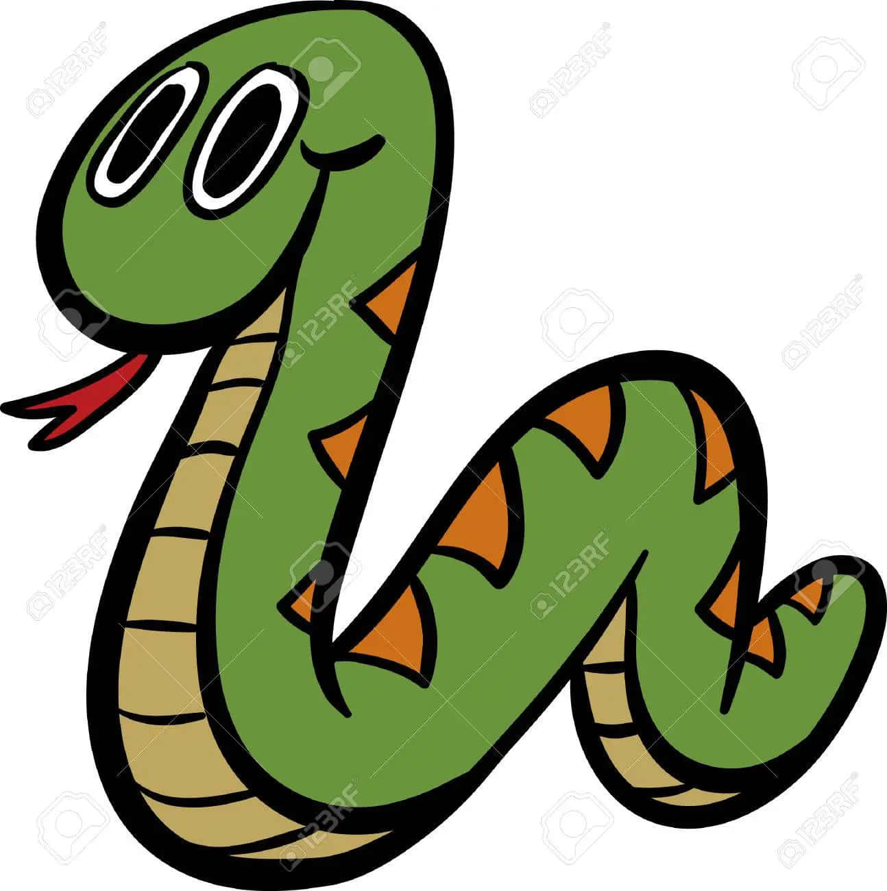 snakes 桌布 壁紙 — 一條快樂的卡通蛇，綠色身體、橙色尖刺和紅色舌頭，在白色背景上微笑。