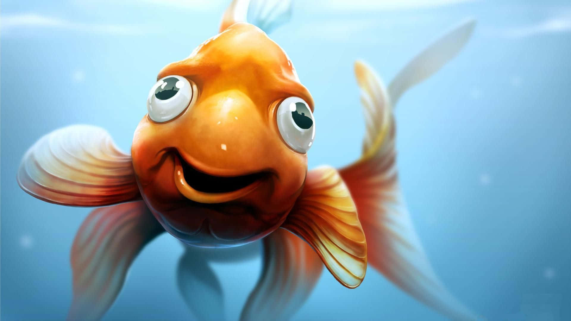 動物 桌布 壁紙 — 一條快樂的卡通金魚，有大眼睛和寬闊的笑容，在清澈的藍色水中開心地游動。