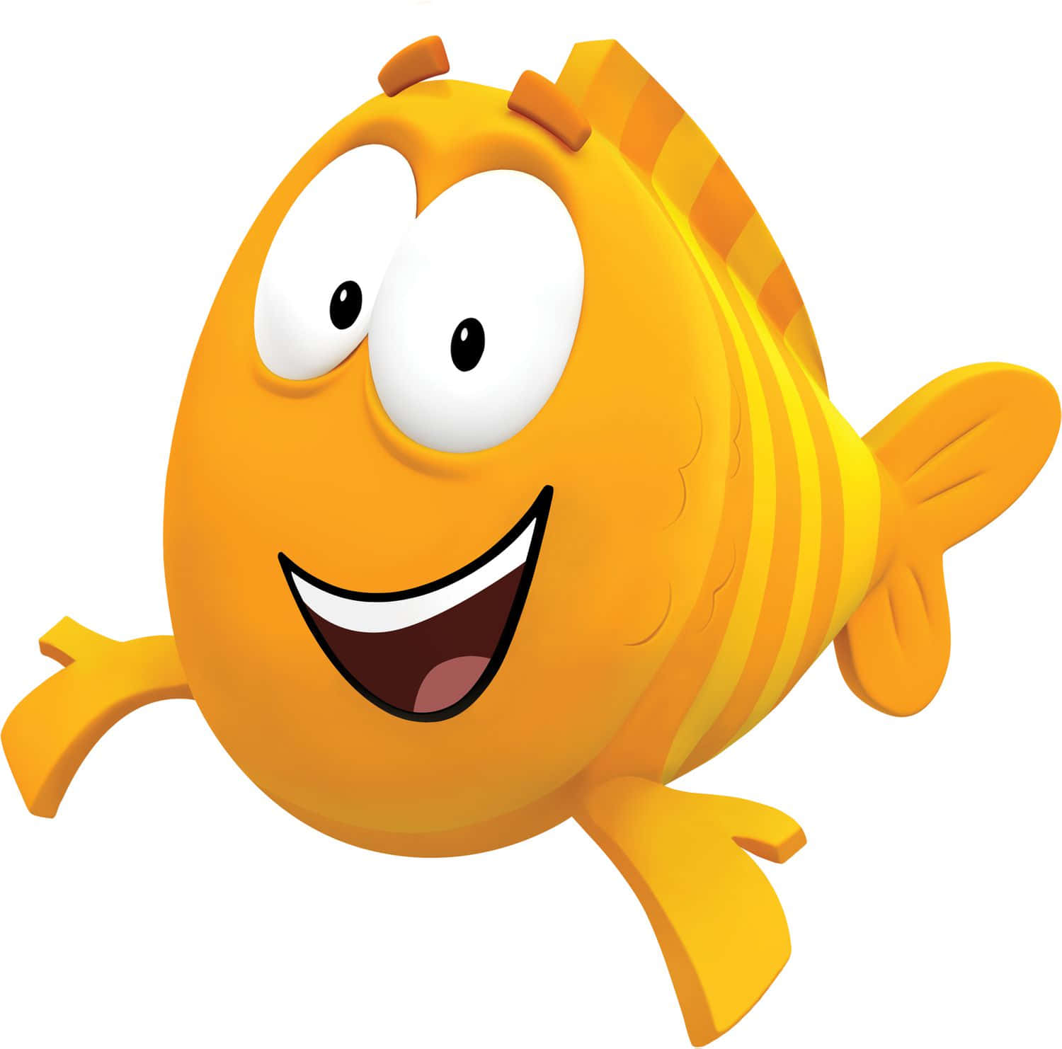 Bubble Guppies 桌布 壁紙 — 一條快樂的卡通魚，有大眼睛和燦爛的笑容，在純白色背景上快樂地游動。