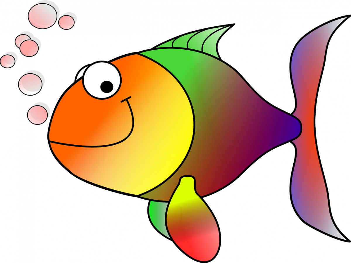 金魚 桌布 壁紙 — 一條快樂的卡通魚，身體帶有彩虹漸變色，在黑色背景上向左游動，吐出粉紅色氣泡。