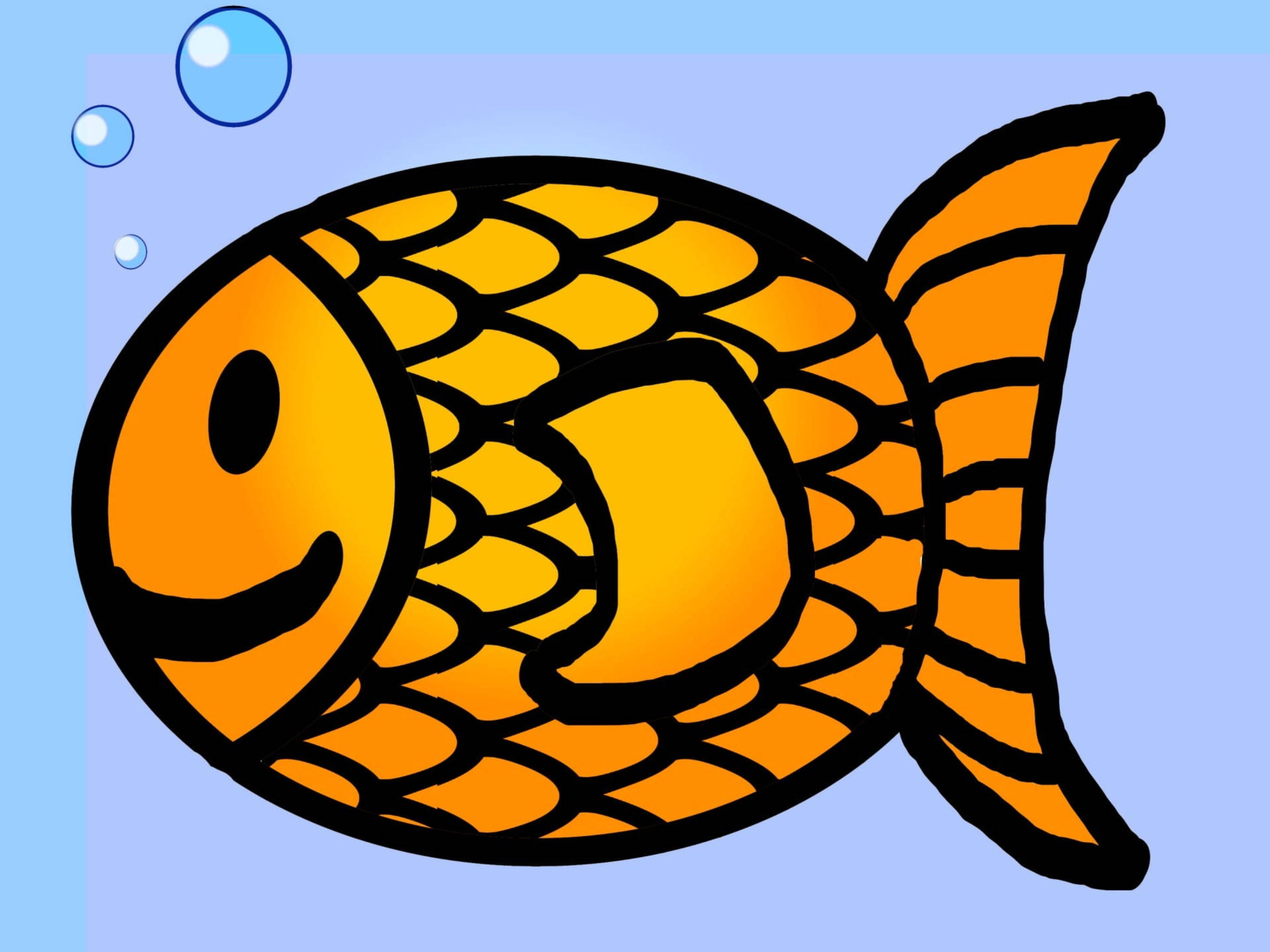 Goldfish 桌布 壁紙 — 一條快樂的橙色卡通魚，帶著笑臉，在淺藍色的水中游泳，附近有氣泡升起。