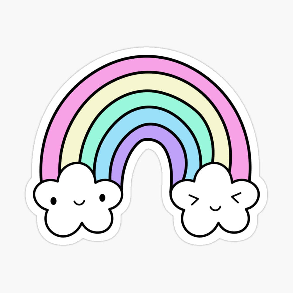 Cute Rainbow Pastel 桌布 壁紙 — 一條快樂的粉彩彩虹，兩端有微笑的雲朵，在純白背景上以黑色勾勒。