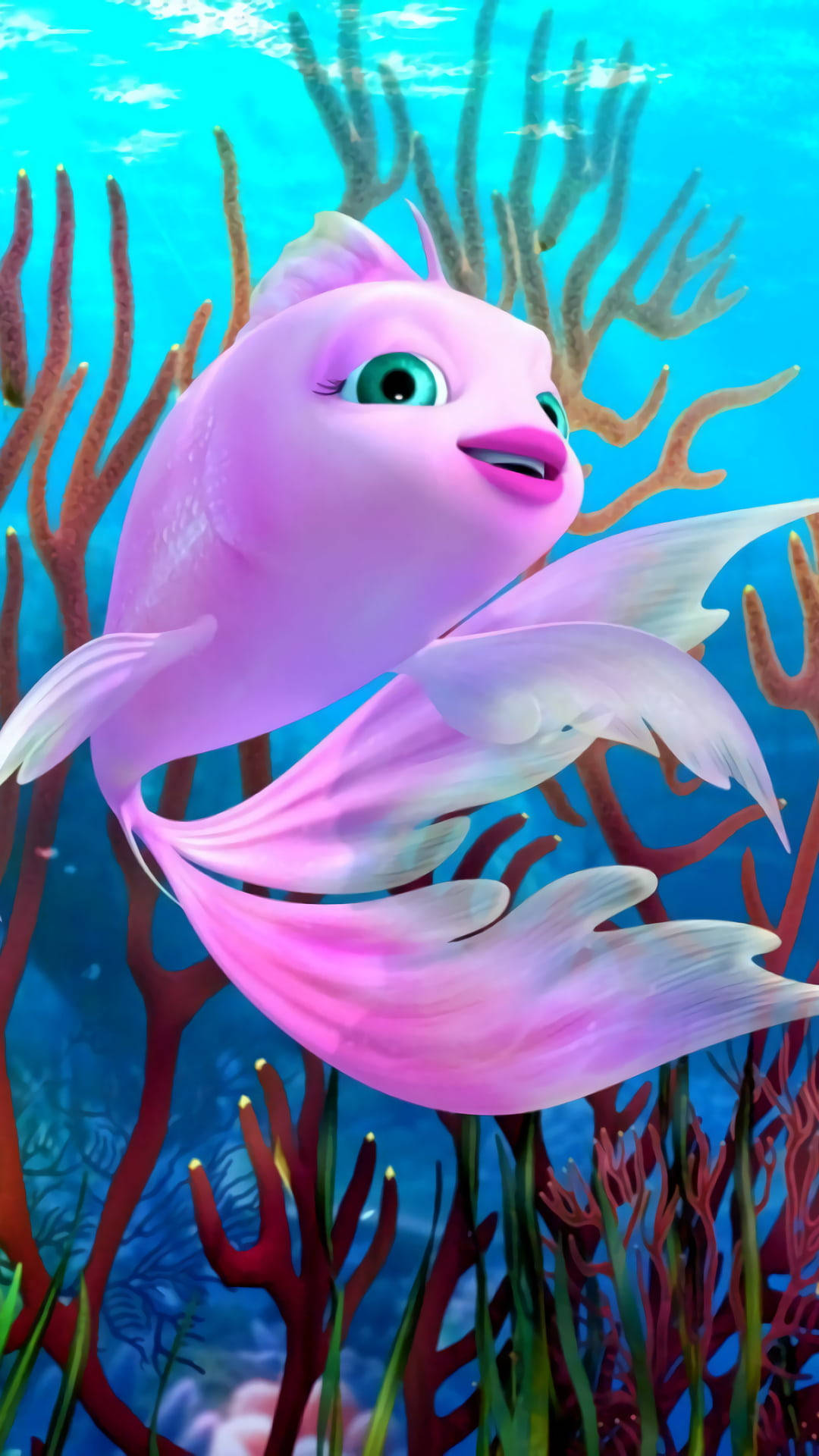 Beautiful Fish 桌布 壁紙 — 一條快樂的粉紅色動畫魚在明亮的藍色海水下，在充滿活力的珊瑚礁中優雅地游動。