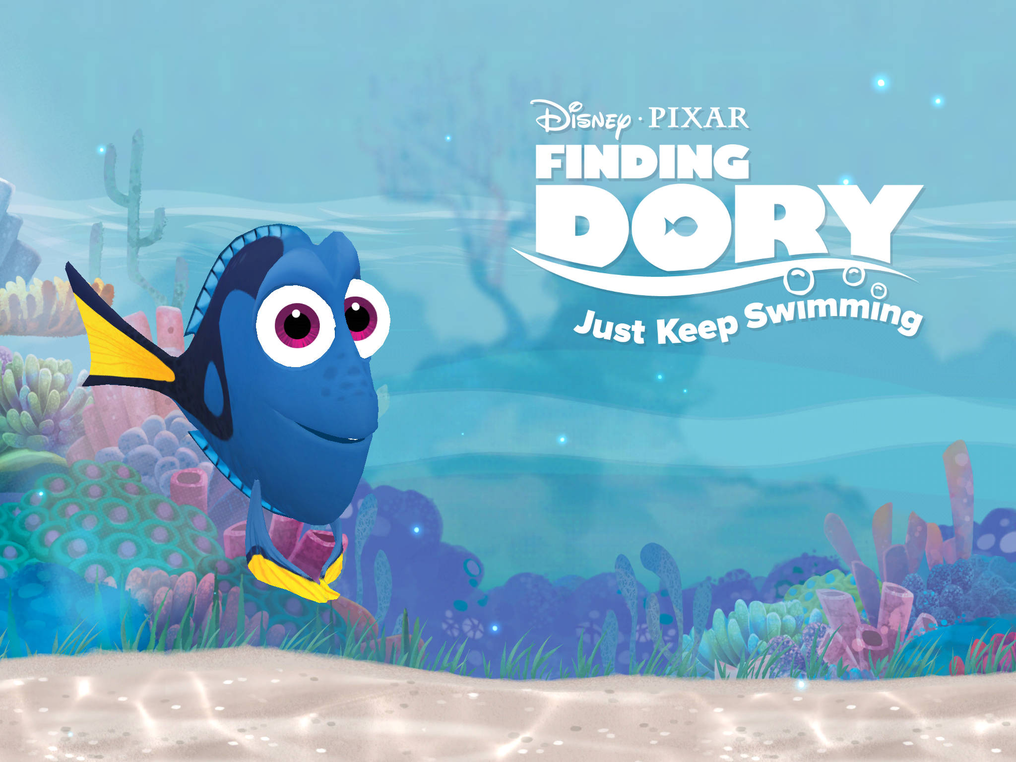 Dory 桌布 壁紙 — 一條快樂的藍色魚，黃色魚鰭，在明亮的海水下穿過色彩繽紛的珊瑚礁。