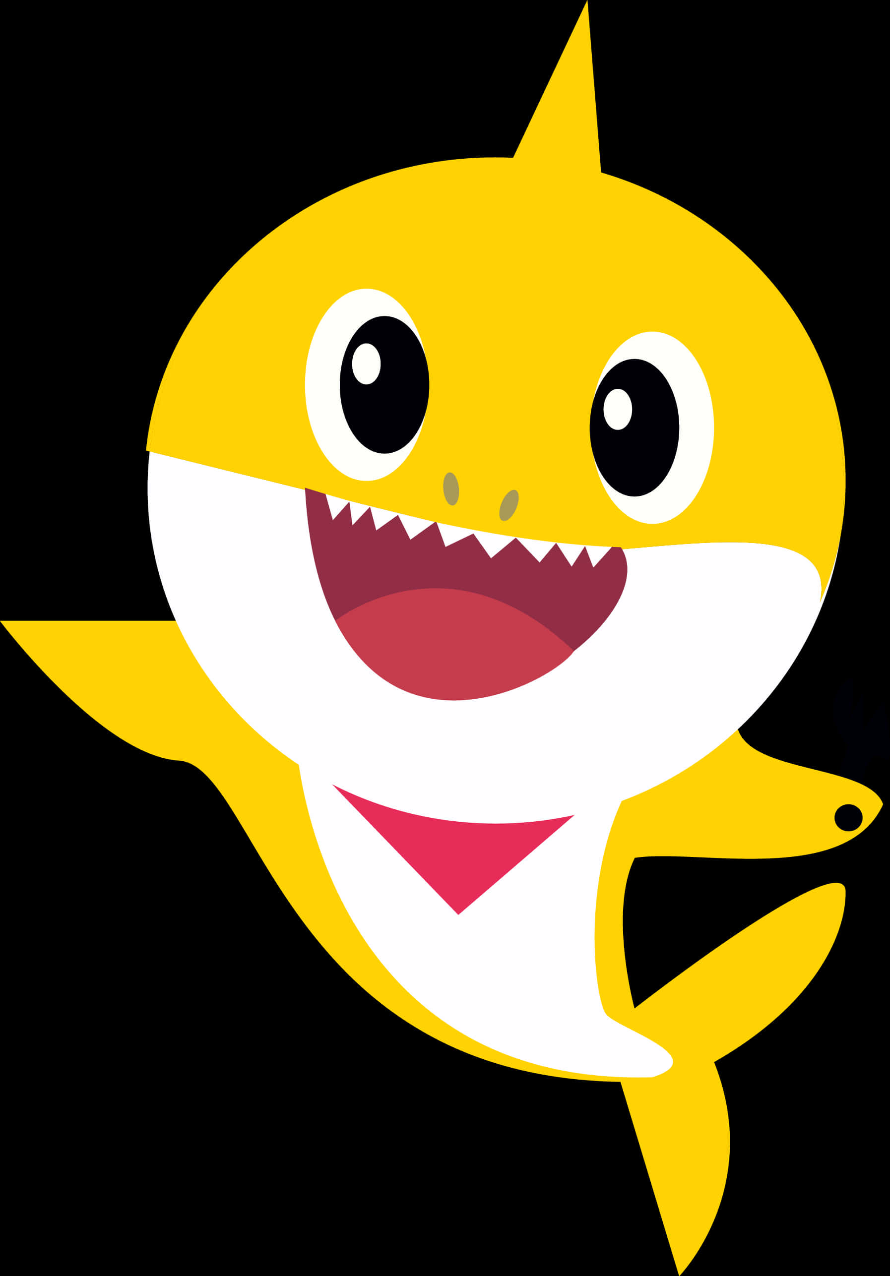 baby shark 桌布 壁紙 — 一條快樂的黃色卡通鯊魚，大眼睛，咧嘴露齒笑，背景為黑色。