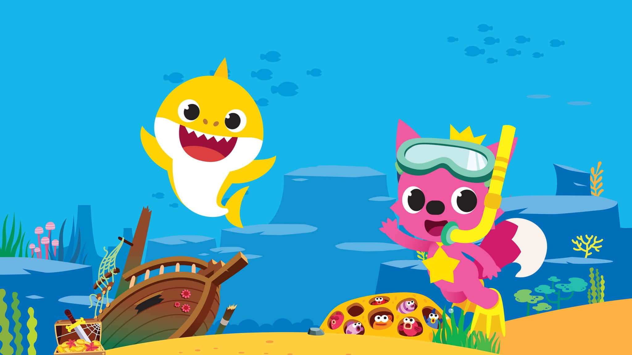 小孩動圖 桌布 壁紙 — 一條快樂的黃色鯊魚和一隻粉紅色貓潛水員探索一個陽光普照的珊瑚礁，內有沉船和寶箱。