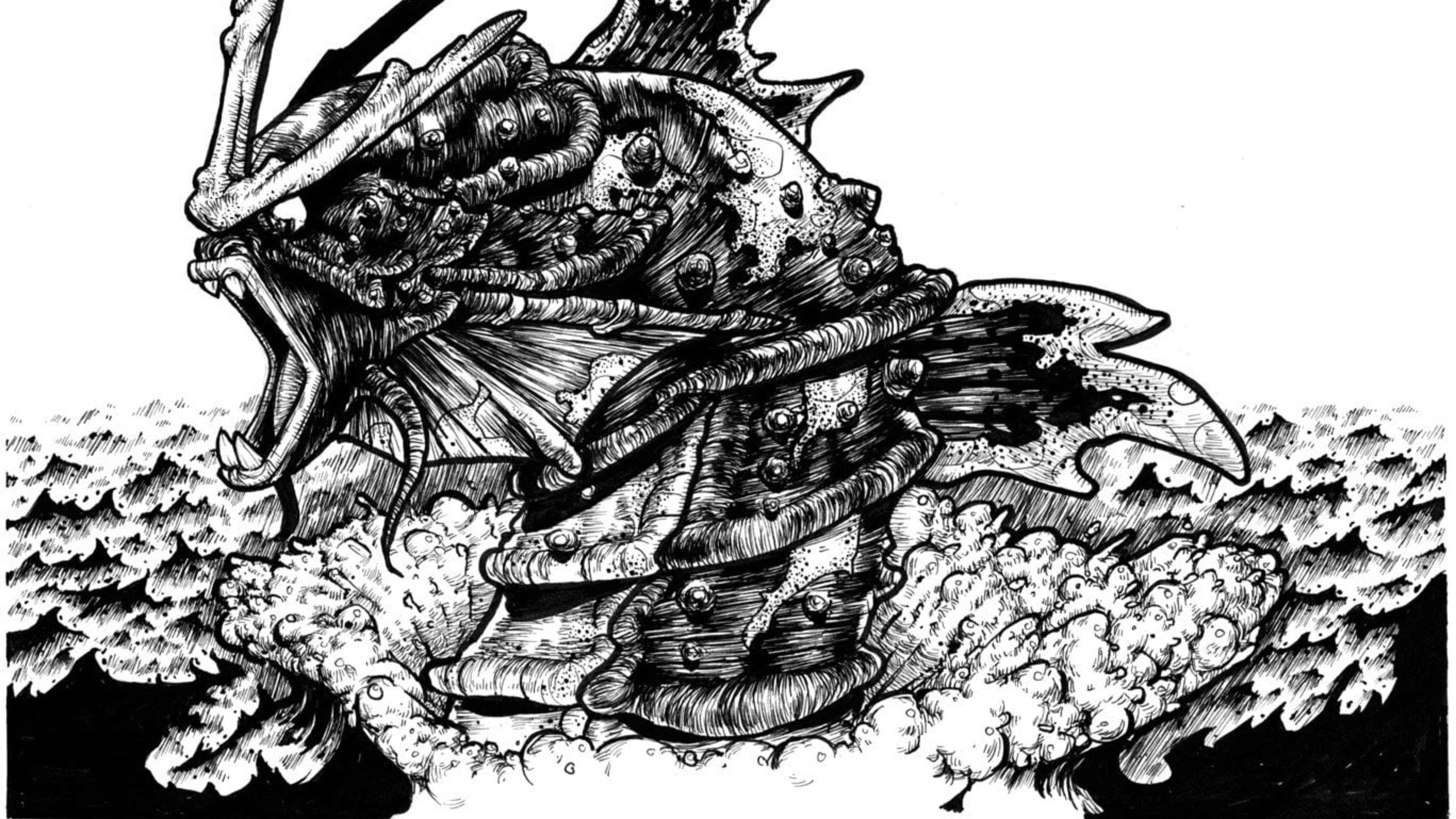 Gyarados 桌布 壁紙 — 一條怪獸般的裝甲魚，帶有尖刺鰭和張開的下頜，從洶湧的海浪中出現，以詳細的黑白墨水繪製。