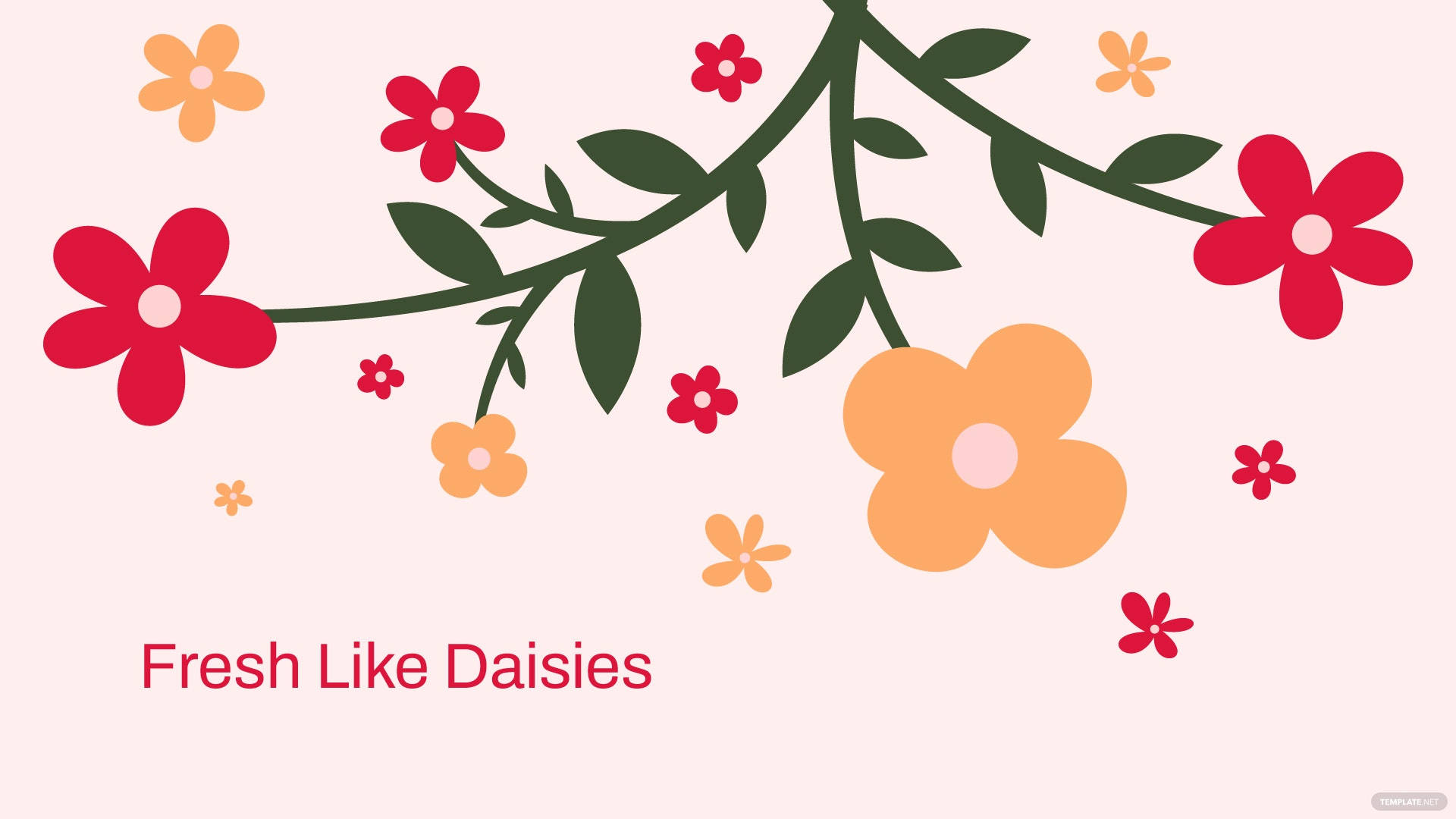 Daisy Flower 桌布 壁紙 — 一條愉快的樹枝，帶有紅色和橙色的雛菊和綠葉，漂浮在柔和的粉紅色背景上。