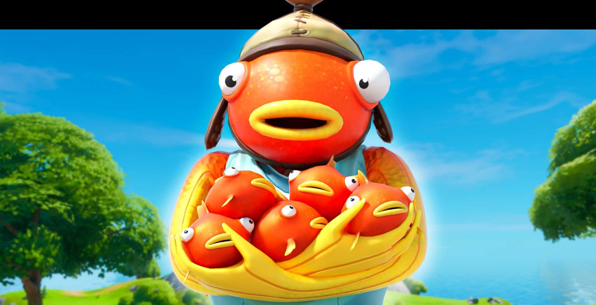 games 桌布 壁紙 — 一條戴著帽子的卡通橙色魚，在明亮的藍天和綠樹背景下，拿著一個裝滿相同小魚的籃子。