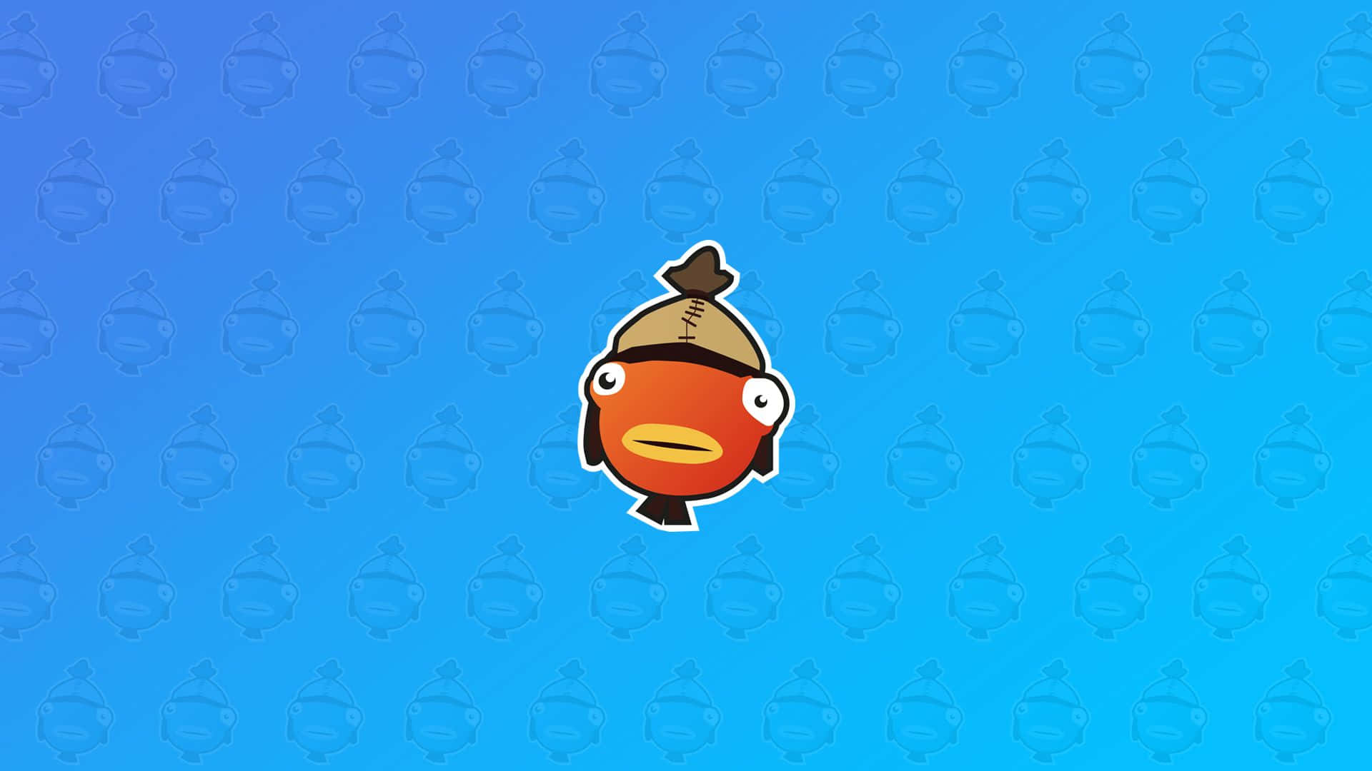 Fortnite 造型 桌布 壁紙 — 一條戴著棕色帽子的卡通魚在帶有重複模糊魚影的藍色漸變背景上顯得格外突出。