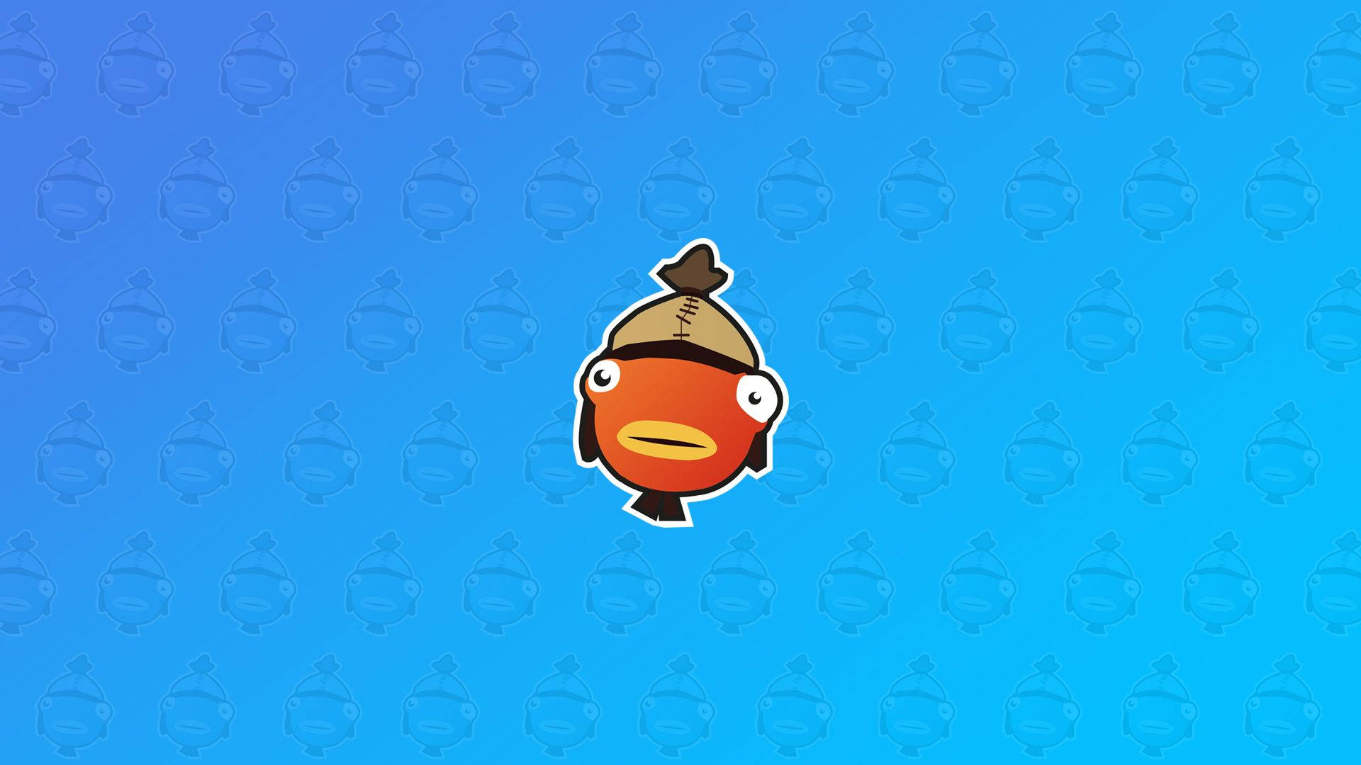 Fishstick 桌布 壁紙 — 一條戴著棕色帽子的卡通魚在帶有重複模糊魚形輪廓的藍色背景上顯得格外突出。