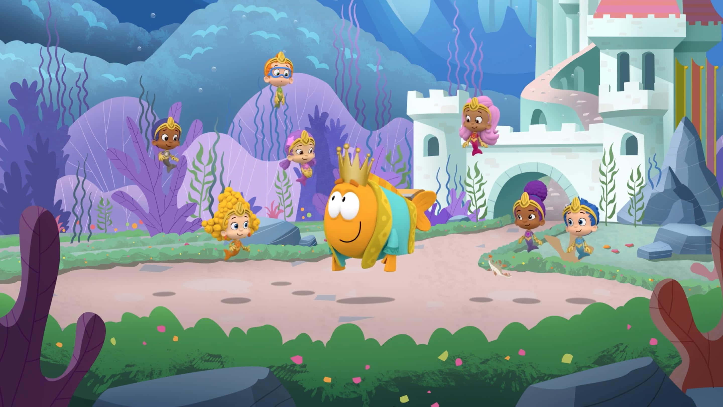 Bubble Guppies 桌布 壁紙 — 一條戴著王冠的快樂卡通魚，與孩子們和一座城堡一起走過充滿活力的水下王國。