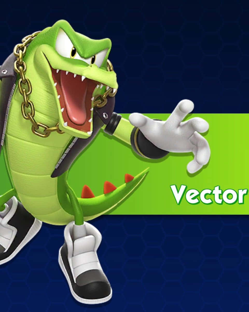 Vector The Crocodile 桌布 壁紙 — 一條戴著金鏈和白色運動鞋的綠色鱷魚反派，在藍色六邊形背景上兇猛咆哮。