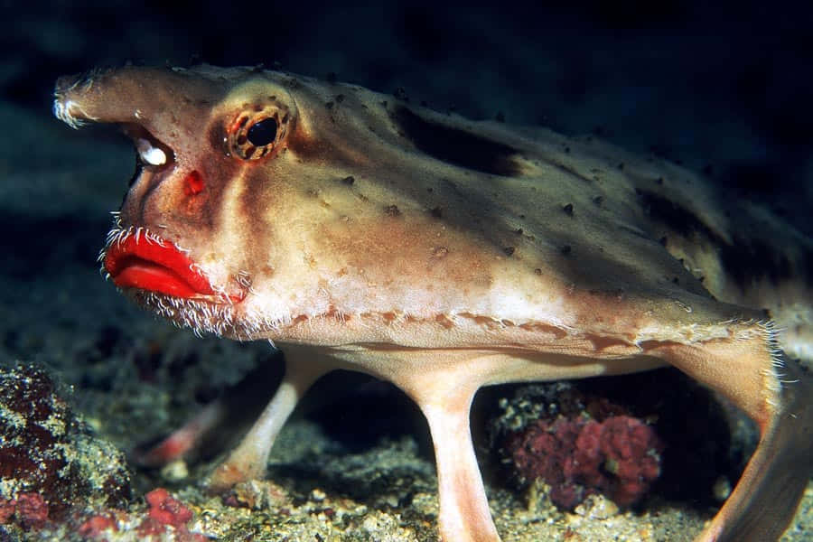 Ugly Animals 桌布 壁紙 — 一條擁有寬大紅色嘴巴和紋理米色身體的躄魚特寫，棲息在沙質海底。