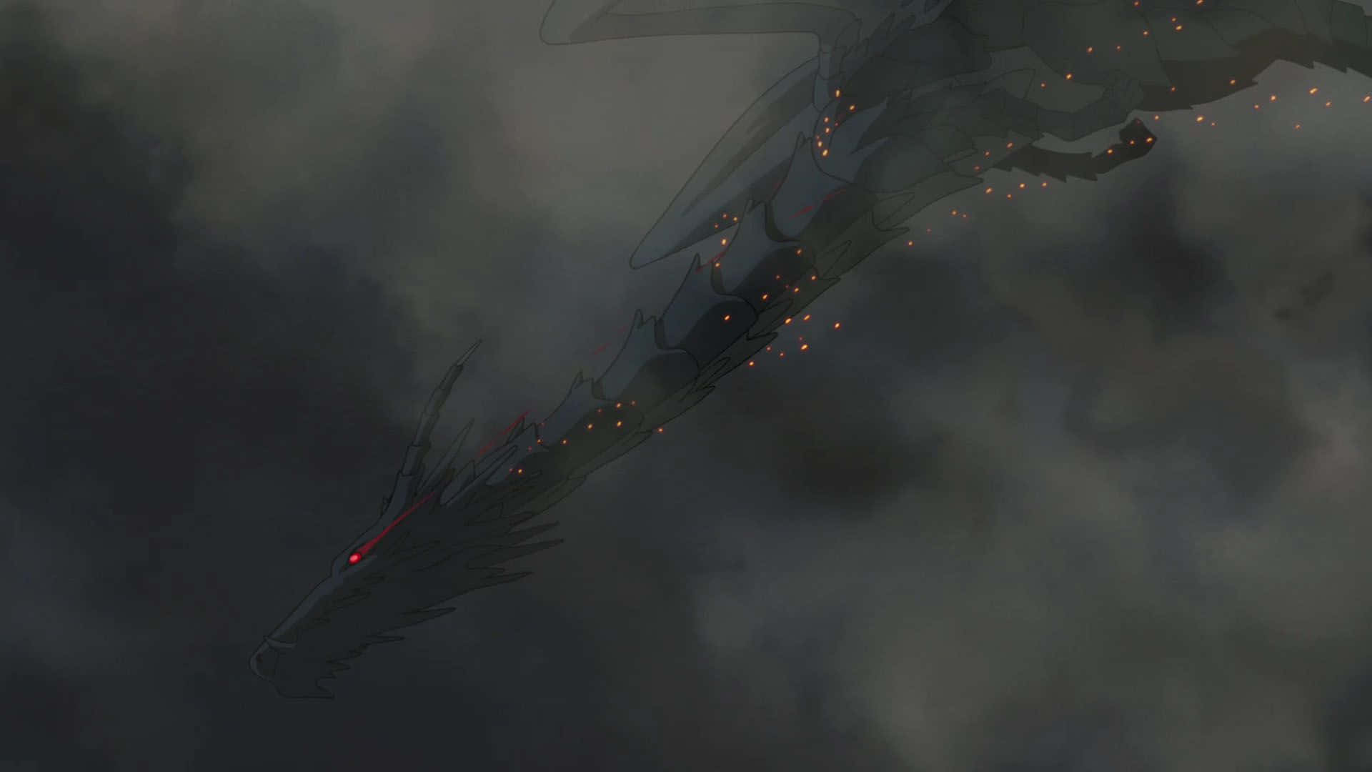 Tales From Earthsea 桌布 壁紙 — 一條擁有發光紅眼和火花的暗黑龍在戲劇性的動畫場景中飛過不祥的暴風雲。