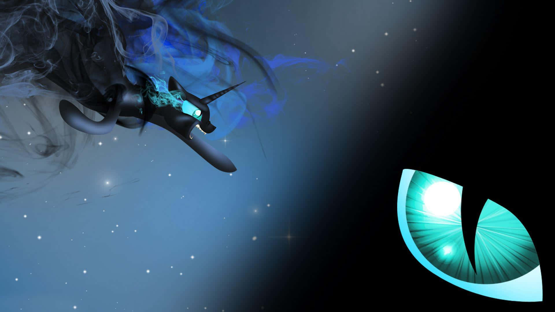 Nightmare Moon 桌布 壁紙 — 一條擁有發光藍色眼睛的黑暗龍在星光宇宙天空中翱翔，旁邊有一個巨大的發光青綠色眼睛。