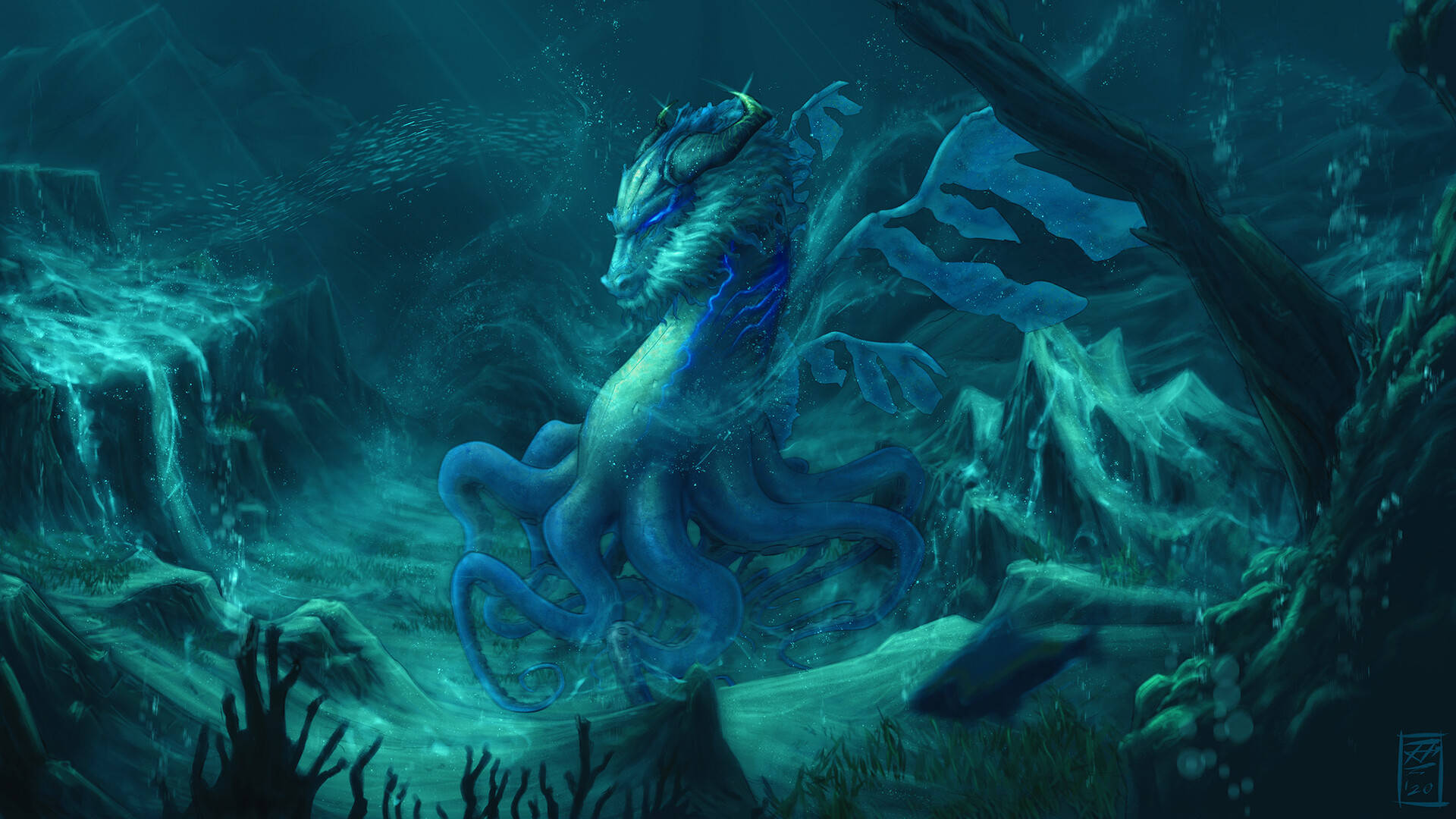 Water Dragon 桌布 壁紙 — 一條擁有章魚觸手的雄偉藍龍，在散發生物螢光的神秘水下洞穴中滑翔。