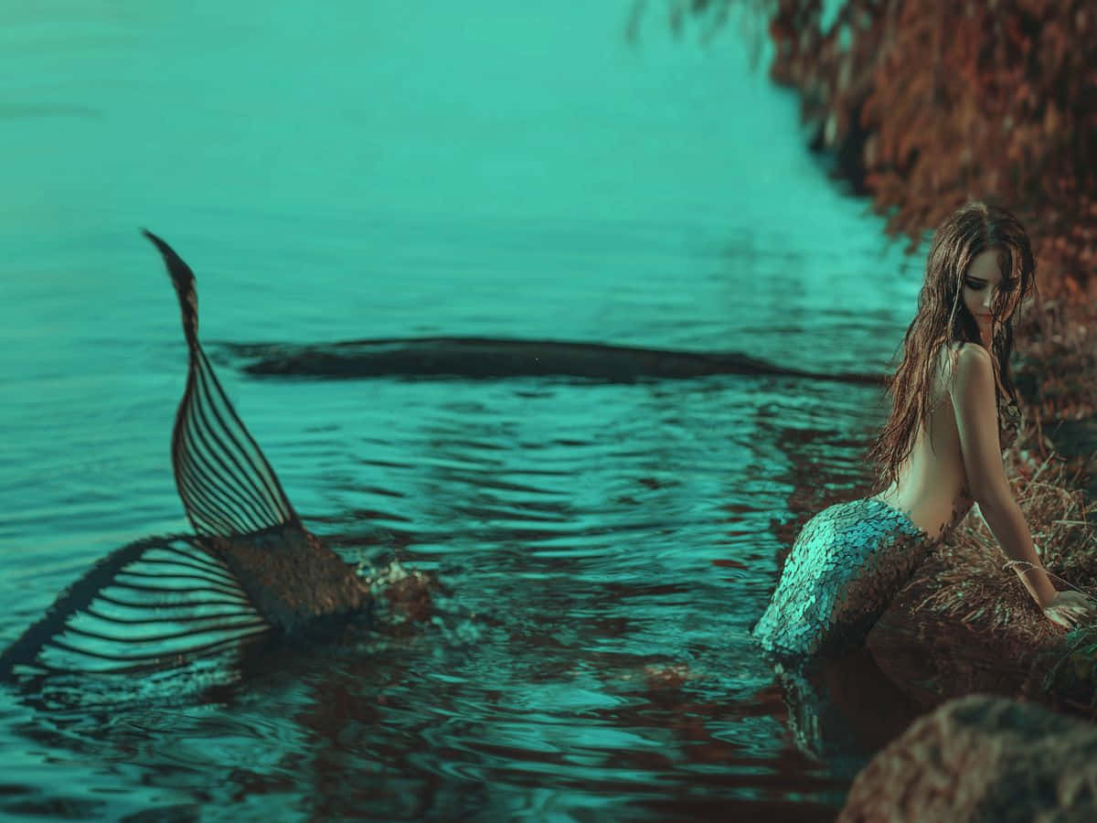 Mermaids 桌布 壁紙 — 一條擁有精細鱗片尾巴的美人魚坐在青綠色水邊，在秋葉附近向下凝視。
