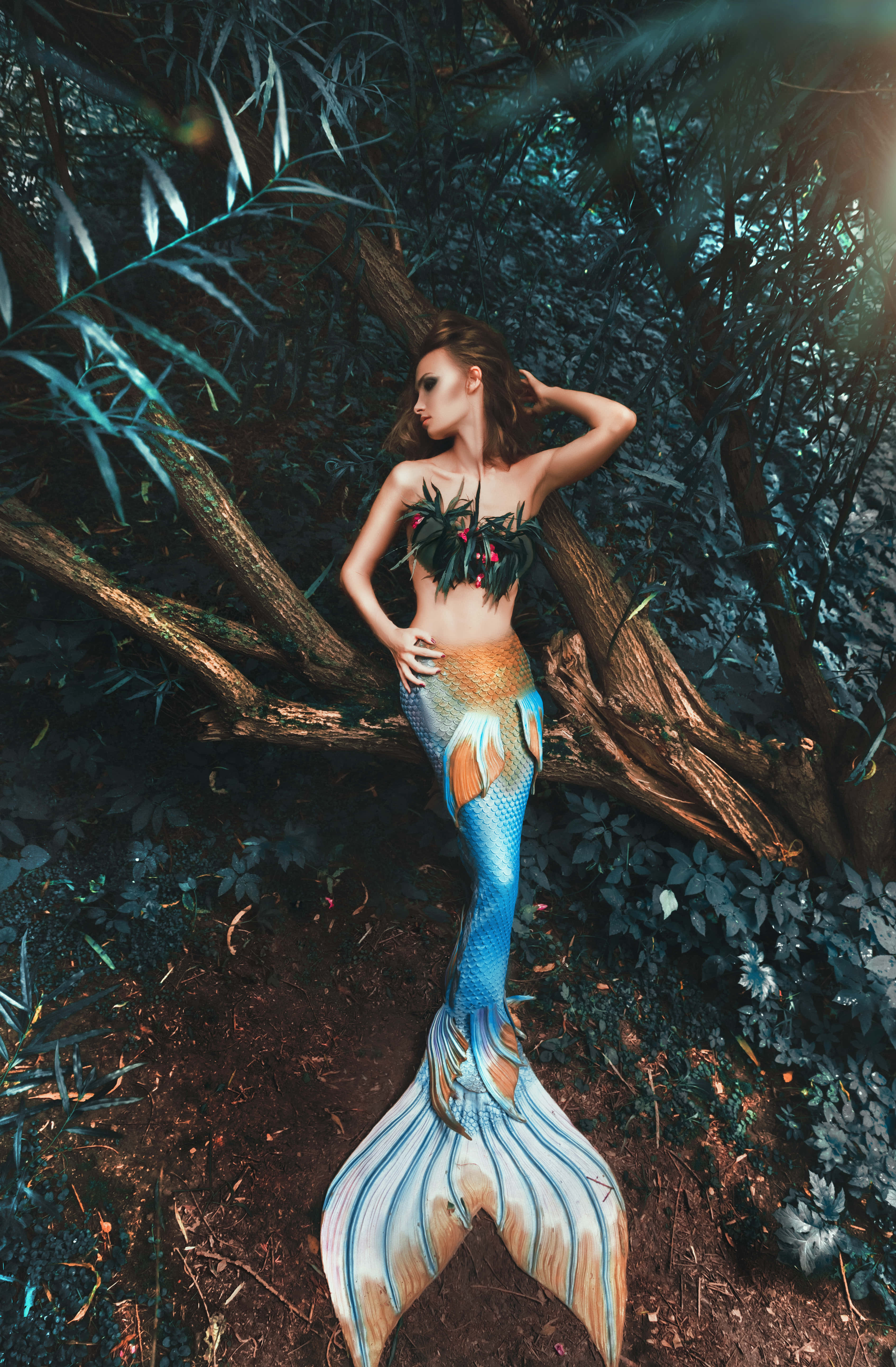 Real Life Mermaid 桌布 壁紙 — 一條擁有藍色和金色鱗片尾巴的美人魚，在斑駁的陽光下優雅地站在茂密的叢林葉片中。
