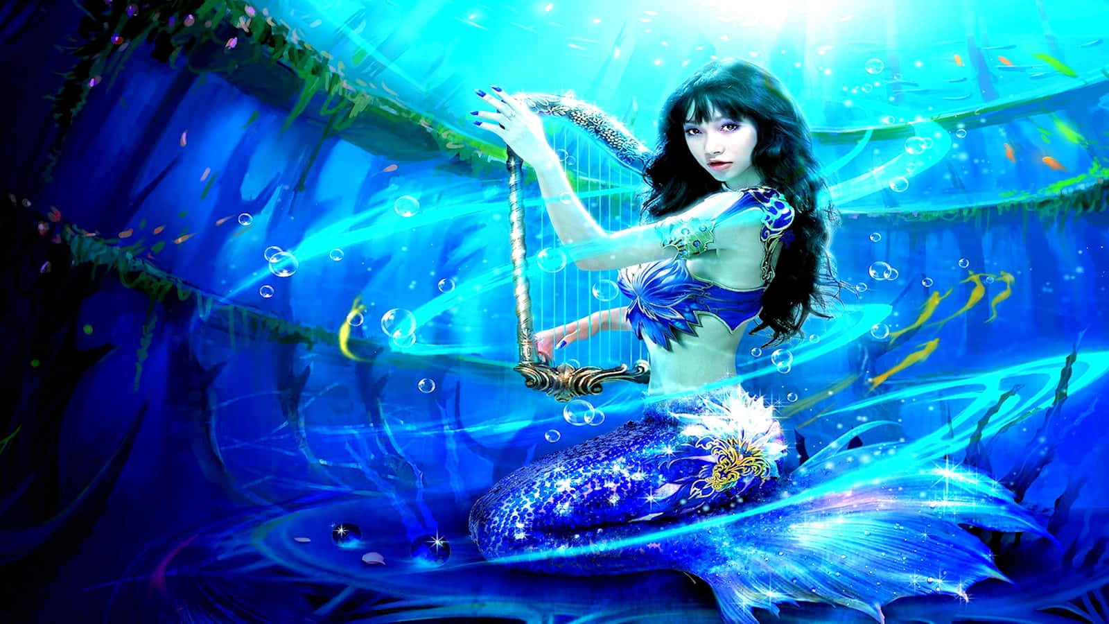 美人魚 桌布 壁紙 — 一條擁有藍色閃亮尾巴的美人魚在水下發光的泡泡和水生植物中彈奏豎琴。