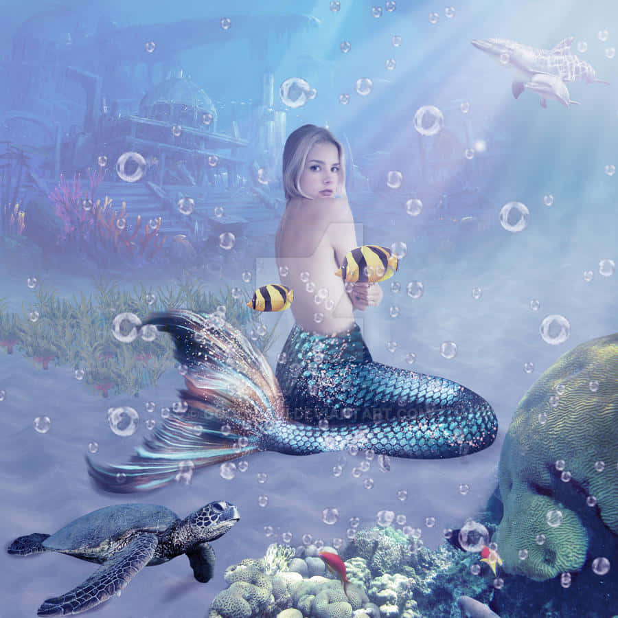 Real Mermaid 桌布 壁紙 — 一條擁有閃爍藍色尾巴的美人魚優雅地坐在珊瑚礁上，周圍有魚泡泡和一隻海龜，構成夢幻般的水下場景。
