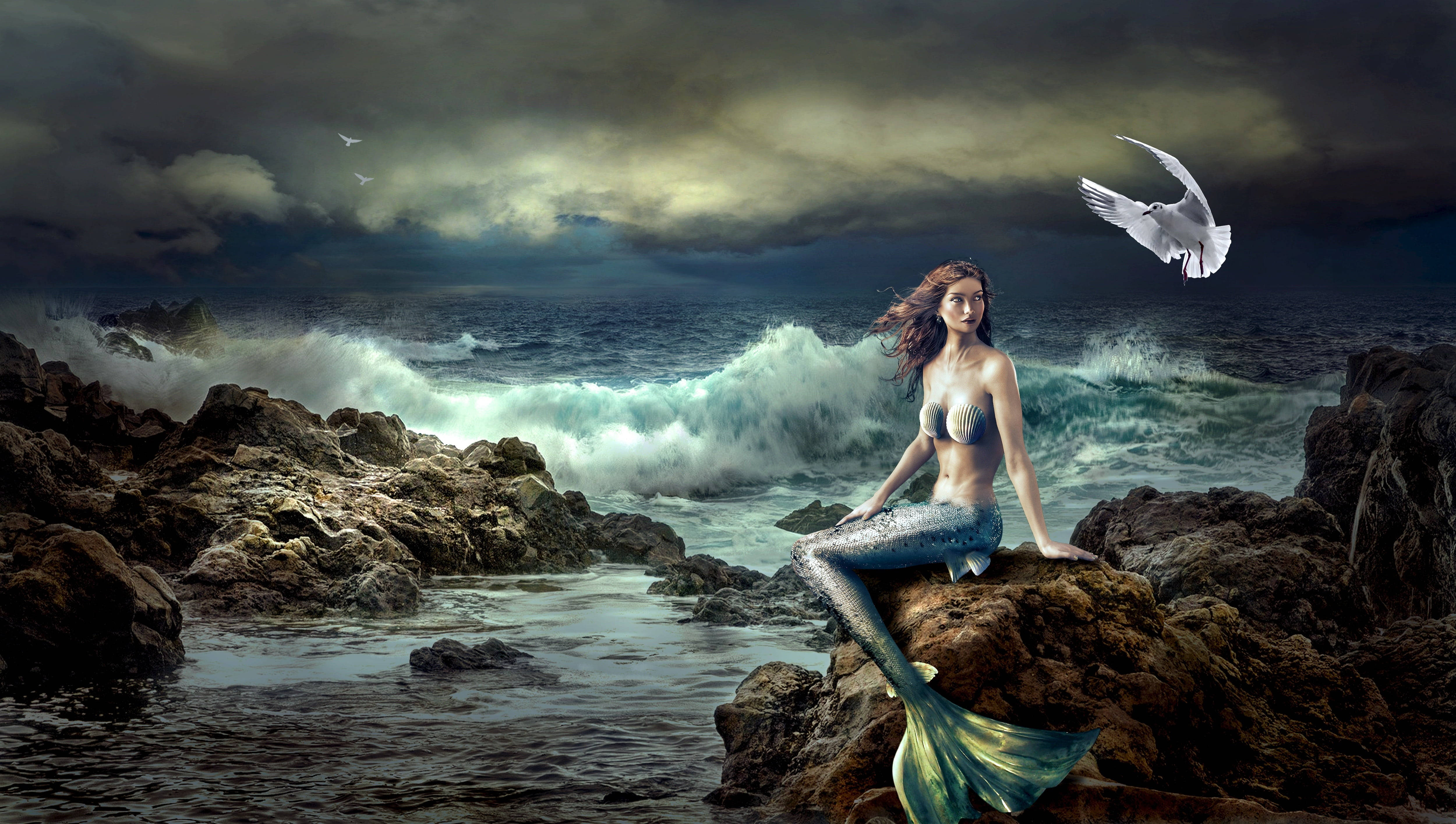 Mythical 桌布 壁紙 — 一條擁有閃爍藍色尾巴的美人魚坐在波濤洶湧的海洋岩石上，海浪拍打，一隻海鷗在烏雲下飛過頭頂。