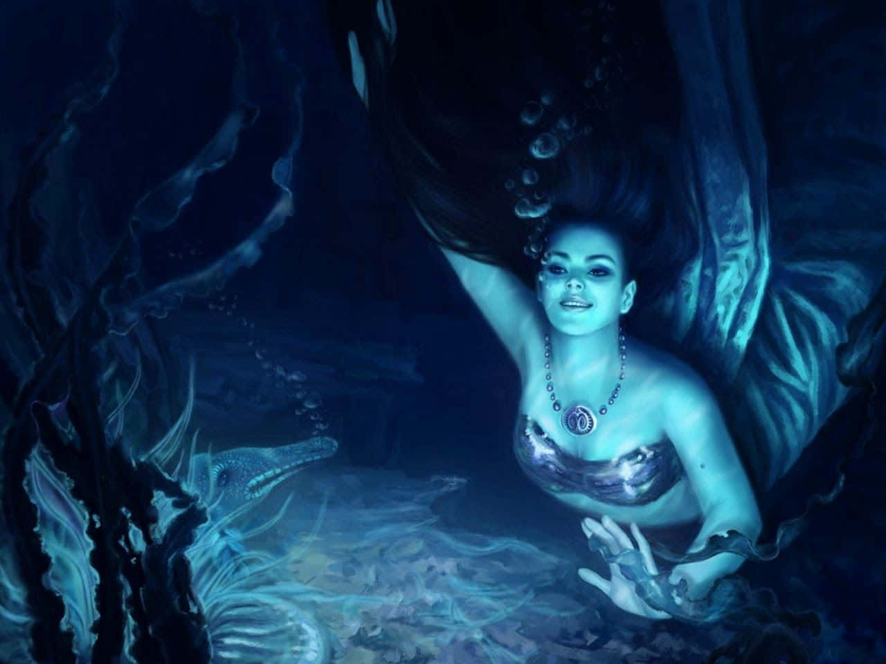 Real Mermaid 桌布 壁紙 — 一條擁有飄逸深色頭髮和發光藍色皮膚的美人魚，在海洋生物附近的水中漂浮微笑。