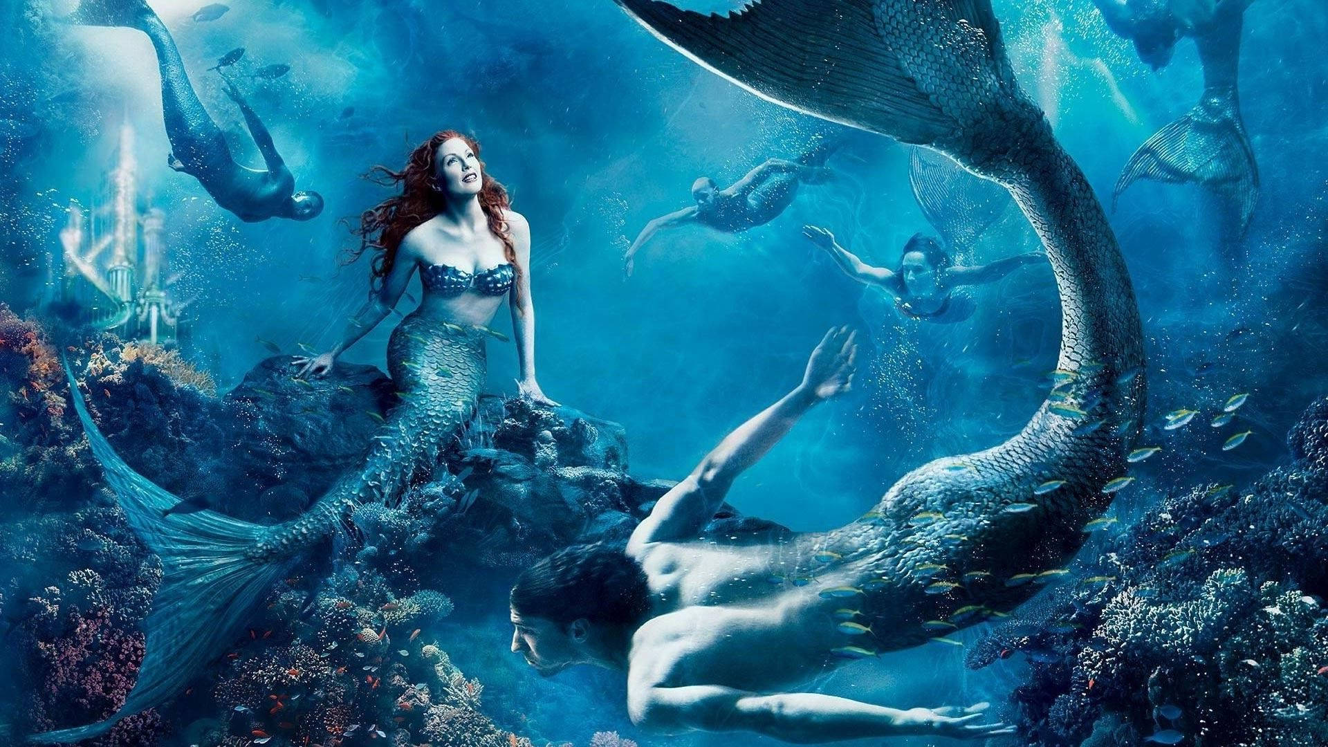 美人魚 桌布 壁紙 — 一條擁有飄逸紅髮和鱗片尾巴的美人魚坐在珊瑚礁上，一名男子在水下向她游去，周圍有其他美人魚和發光的藍光。