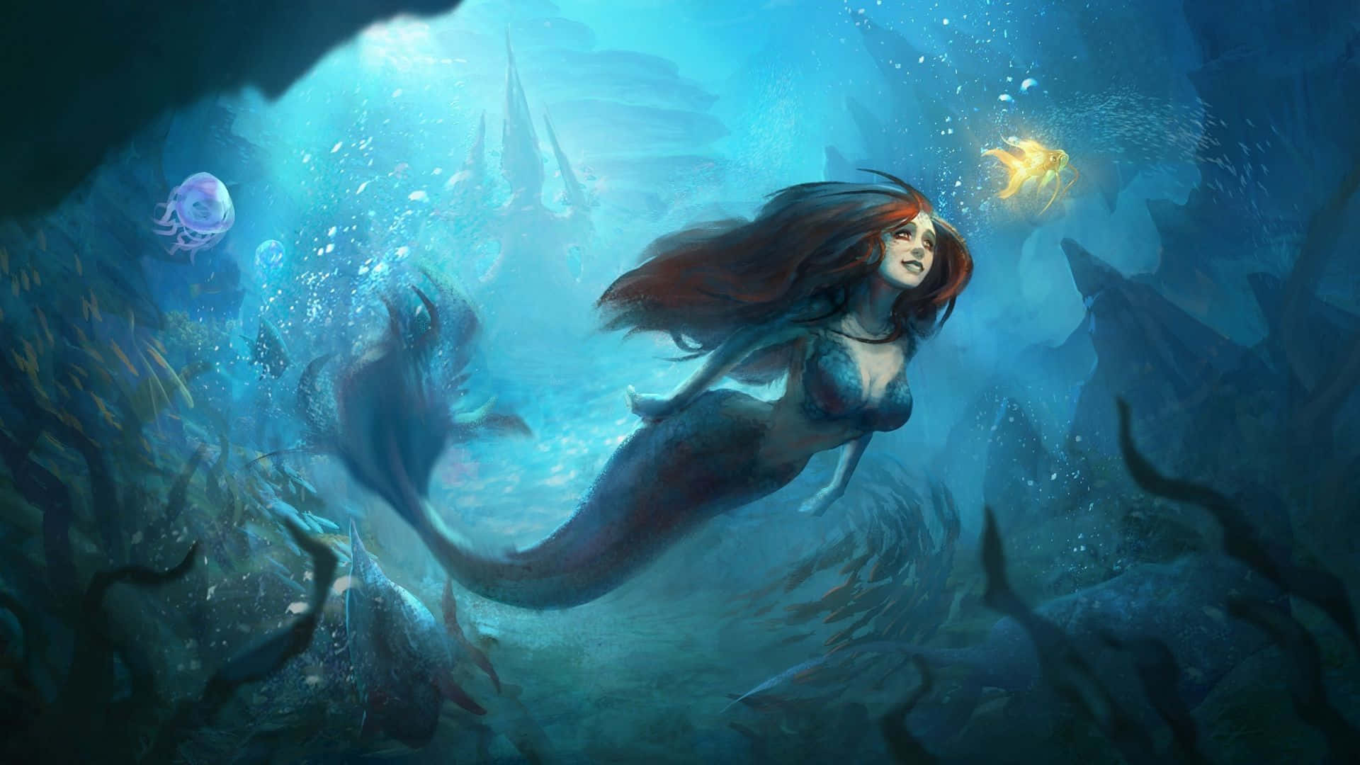 美人魚 桌布 壁紙 — 一條擁有飄逸紅髮的美人魚，在陽光照射的水下洞穴中優雅地滑行，周圍環繞著發光的水母和古代遺跡。