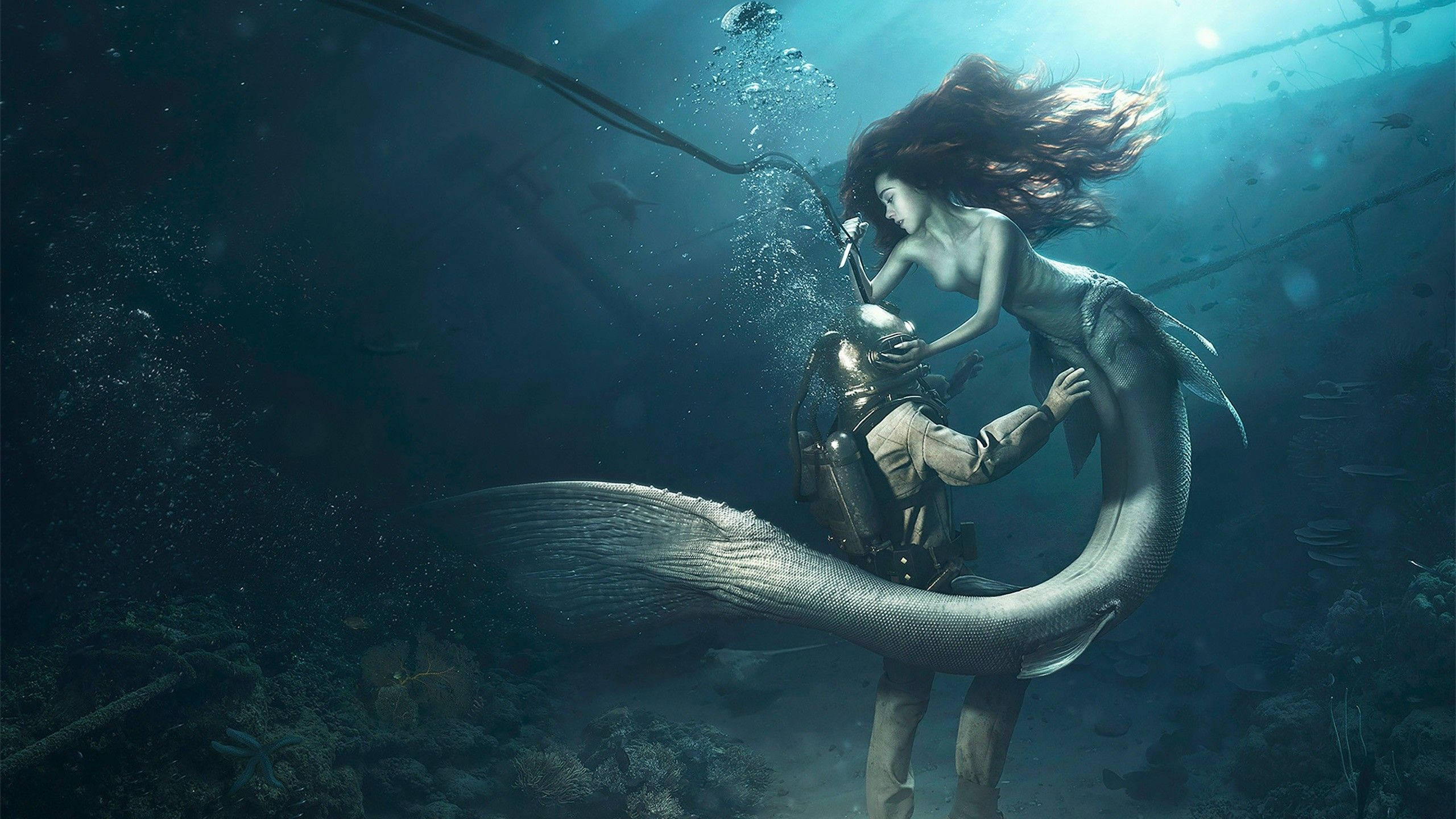 深海迷航 桌布 壁紙 — 一條擁有飄逸黑髮的美人魚在水下沉船附近輕輕觸碰潛水員的頭盔。