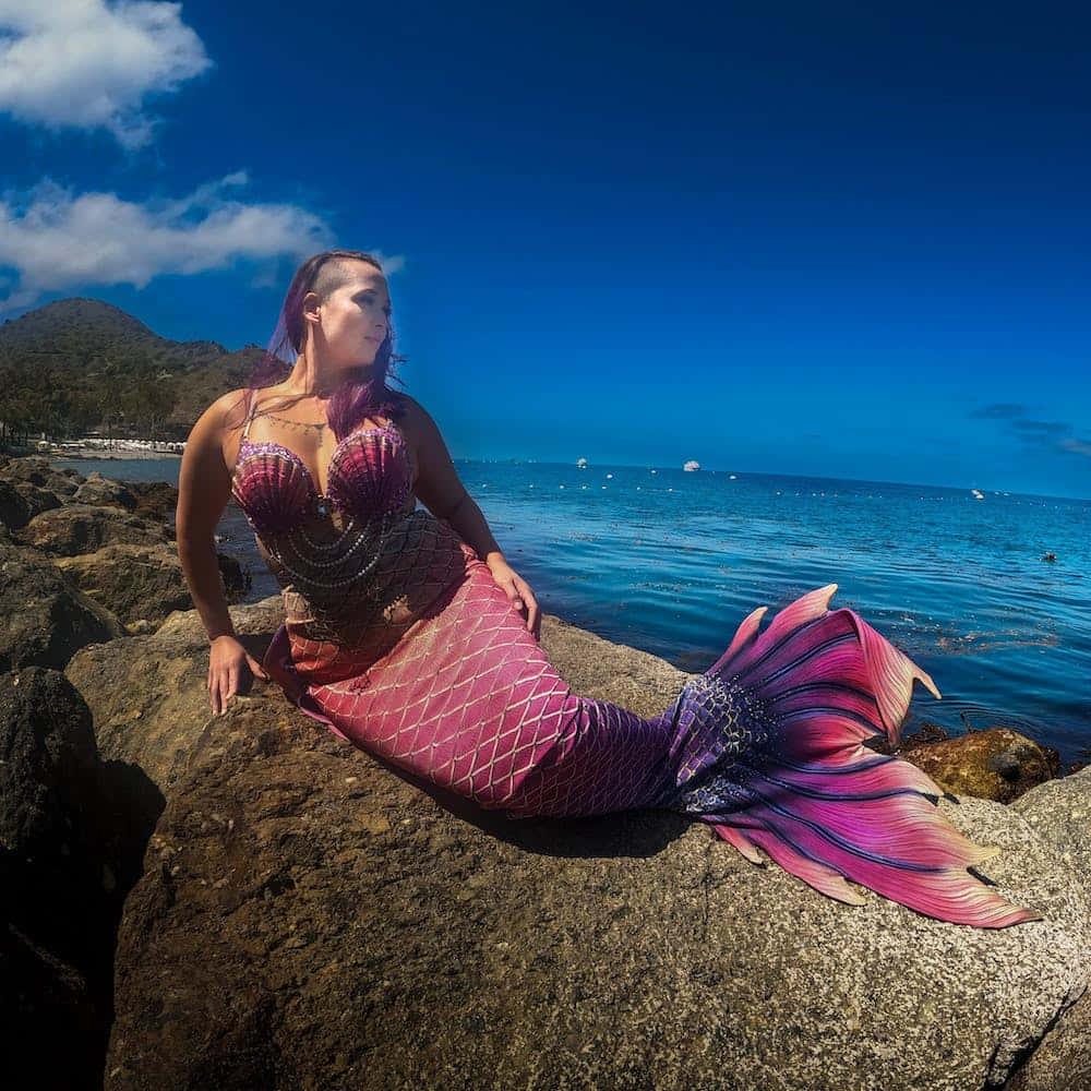 Real Mermaid 桌布 壁紙 — 一條擁有鮮豔粉紅和紫色尾巴的美人魚，在晴朗藍天下，優雅地坐在陽光普照的岩石上，旁邊是碧綠的海水。