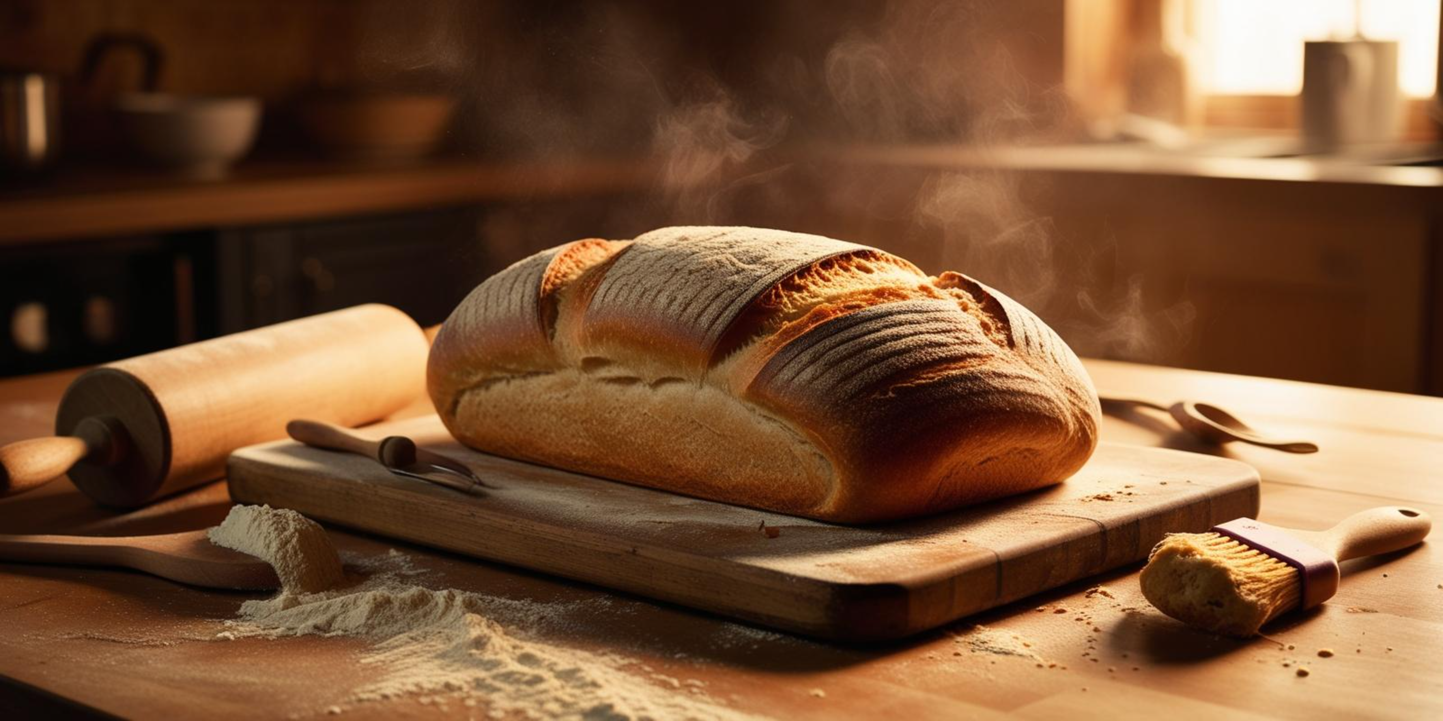 Baking 桌布 壁紙 — 一條新鮮出爐的金色麵包在木製砧板上冒著熱氣，旁邊放著麵粉和擀麵棍。