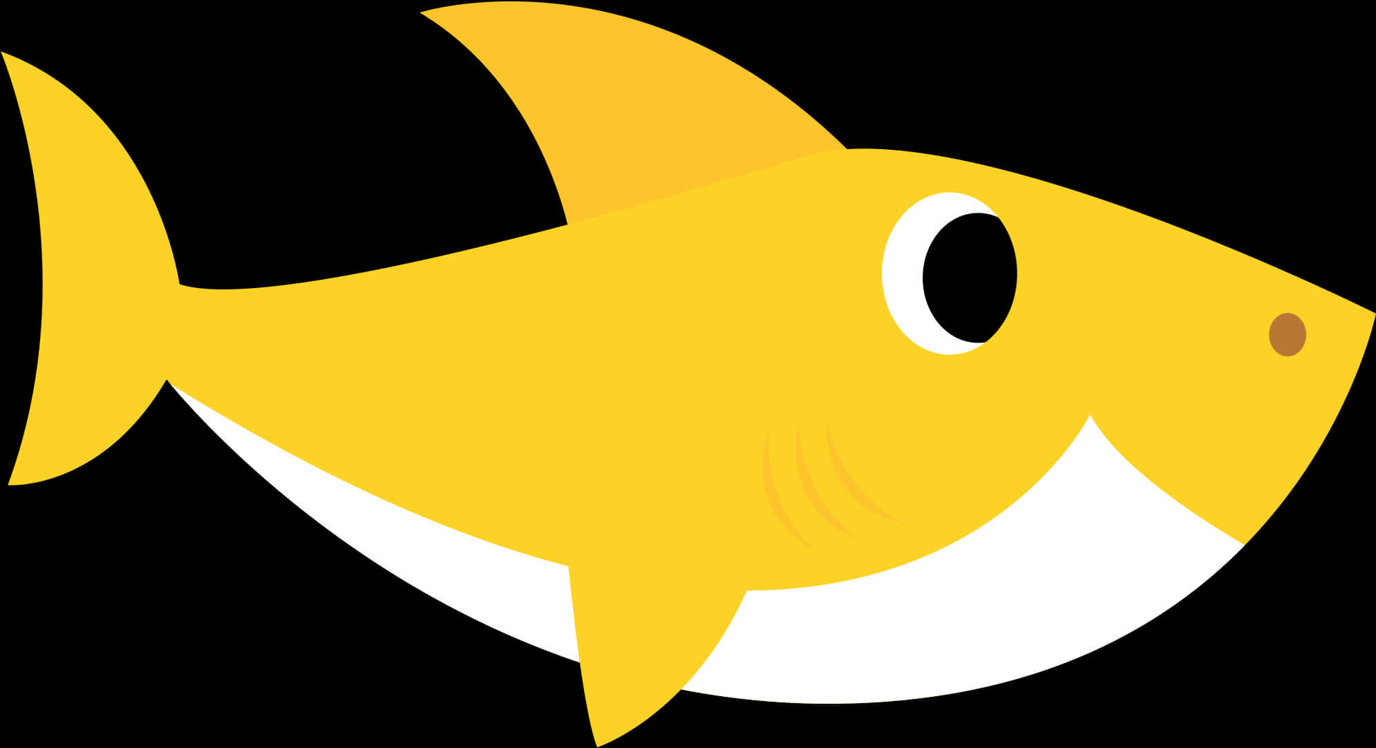 baby shark 桌布 壁紙 — 一條明亮的黃色卡通鯊魚，帶著寬闊的白色笑容和簡單的黑色眼睛，在純黑色背景上游動。