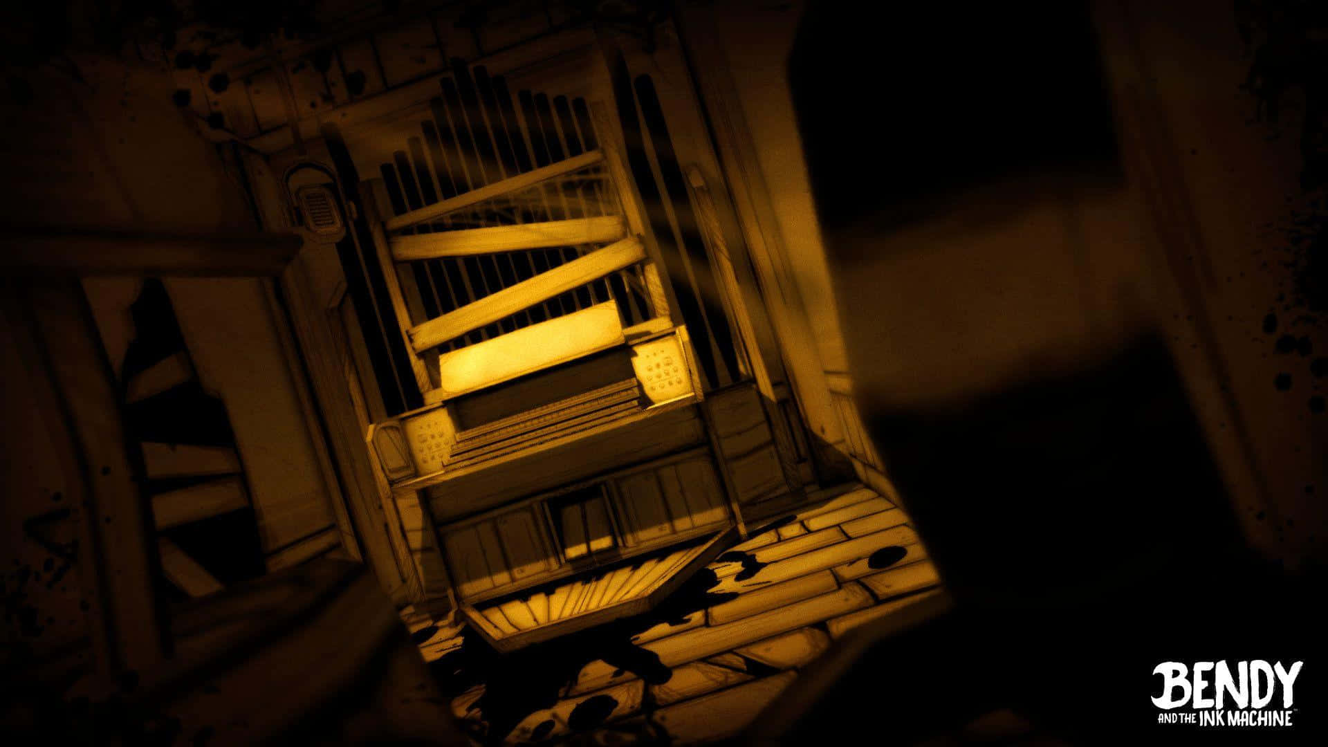 Game Art 桌布 壁紙 — 一條昏暗傾斜的走廊，位於一棟破舊建築中，中央有一個發光的黃色風琴。