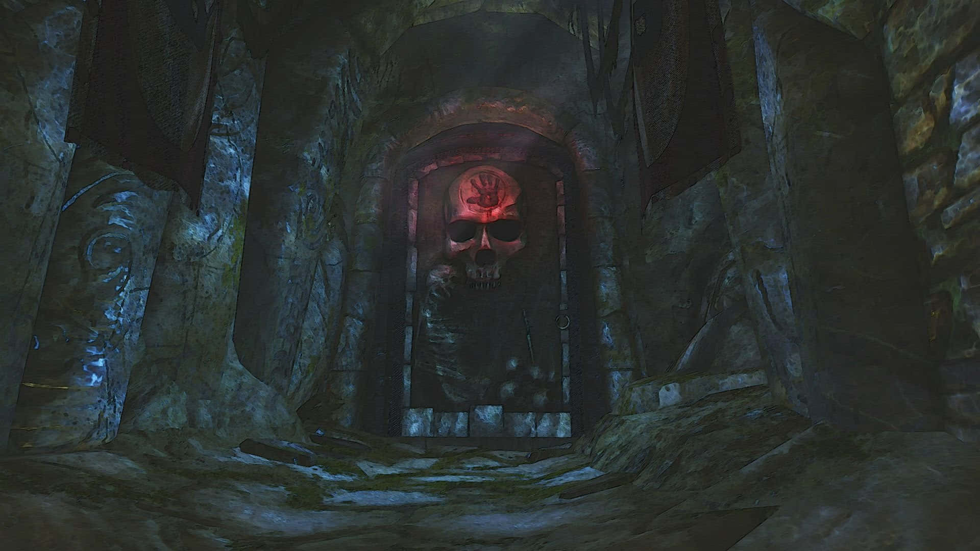 Dark Brotherhood 桌布 壁紙 — 一條昏暗的石頭走廊通向一個地牢中發出紅光的可怕骷髏門。