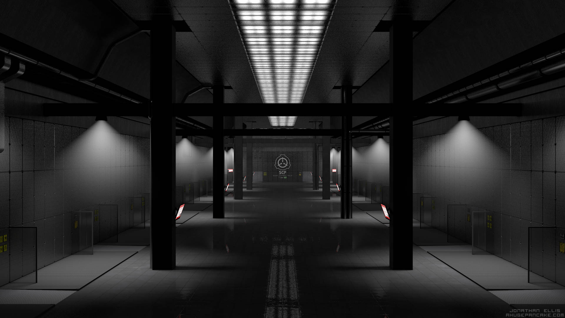 SCP 桌布 壁紙 — 一條昏暗的長工業走廊，帶有刺眼的頭頂燈光和霧氣瀰漫的氛圍。