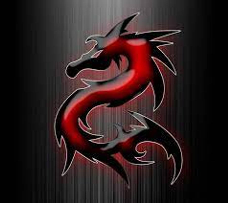 龍 桌布 壁紙 — 一條時尚的紅黑風格化龍，帶有發光邊緣，在深色垂直條紋背景上動態盤繞。
