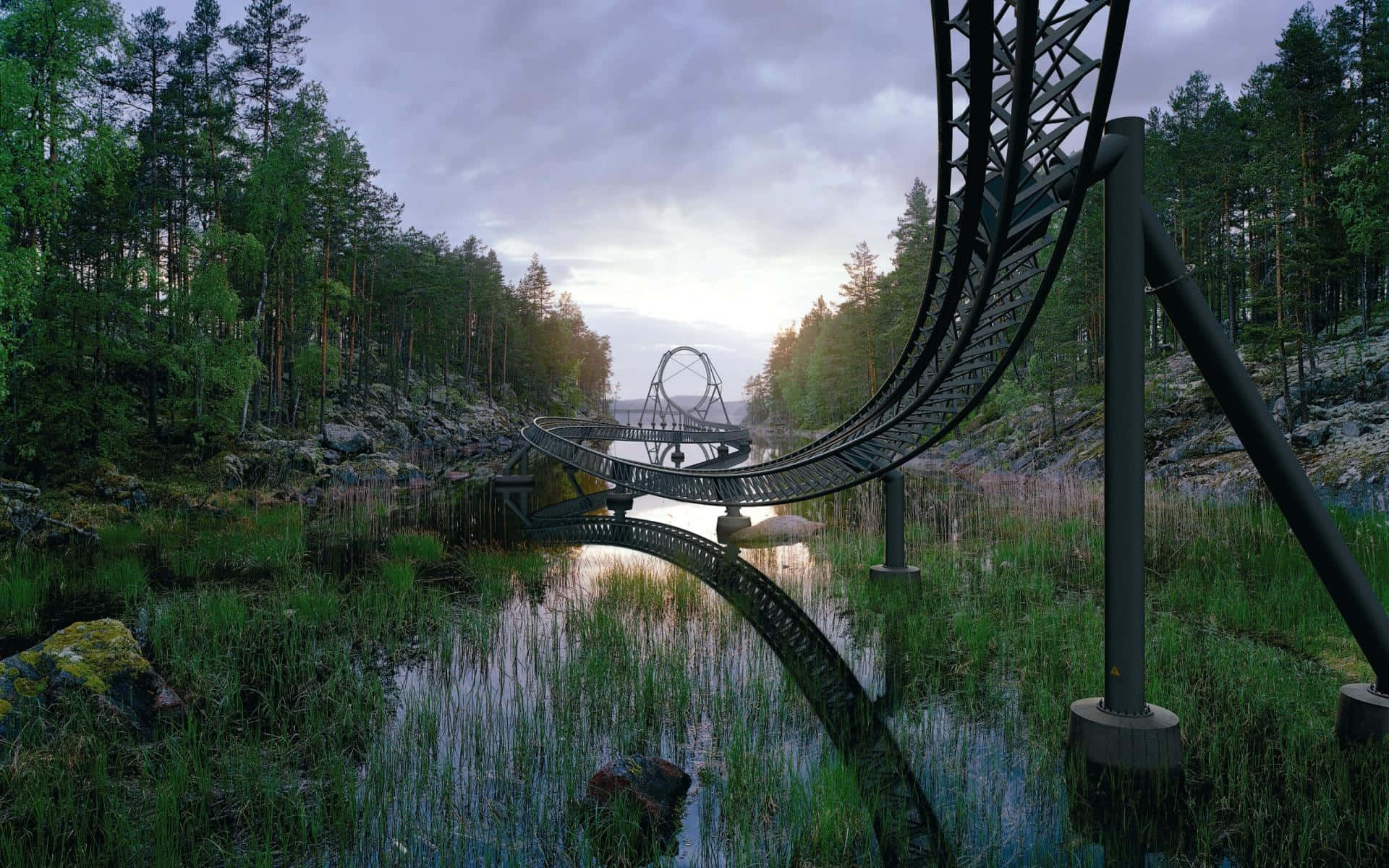 Roller Coaster 桌布 壁紙 — 一條時尚的黑色雲霄飛車軌道在黃昏時分優雅地彎曲在平靜的河流上，周圍是茂密的松樹林。