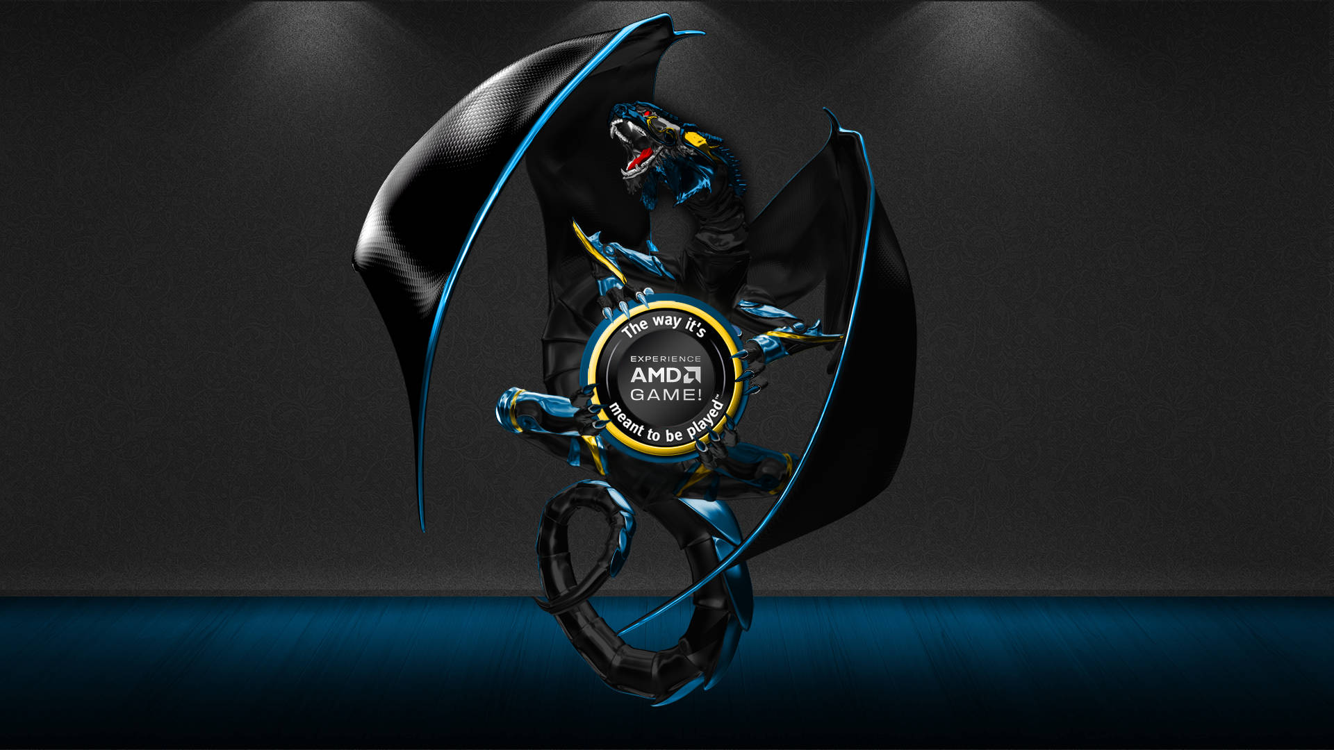 AMD 桌布 壁紙 — 一條時尚的黑色龍，帶有發光的藍色點綴和碳纖維翅膀，在黑暗舞台的聚光燈下舉著AMD Gaming標誌。