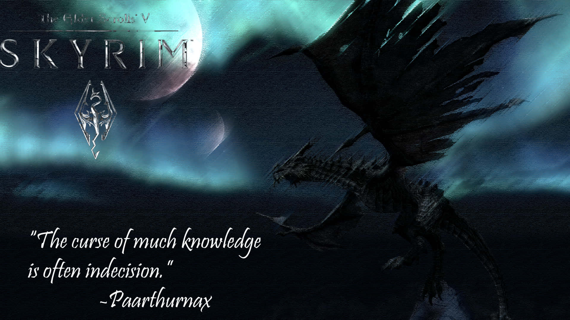 Skyrim Paarthurnax 桌布 壁紙 — 一條暗黑巨龍在神秘暮色天空中翱翔，閃爍的月亮和極光映襯著奇幻景觀。