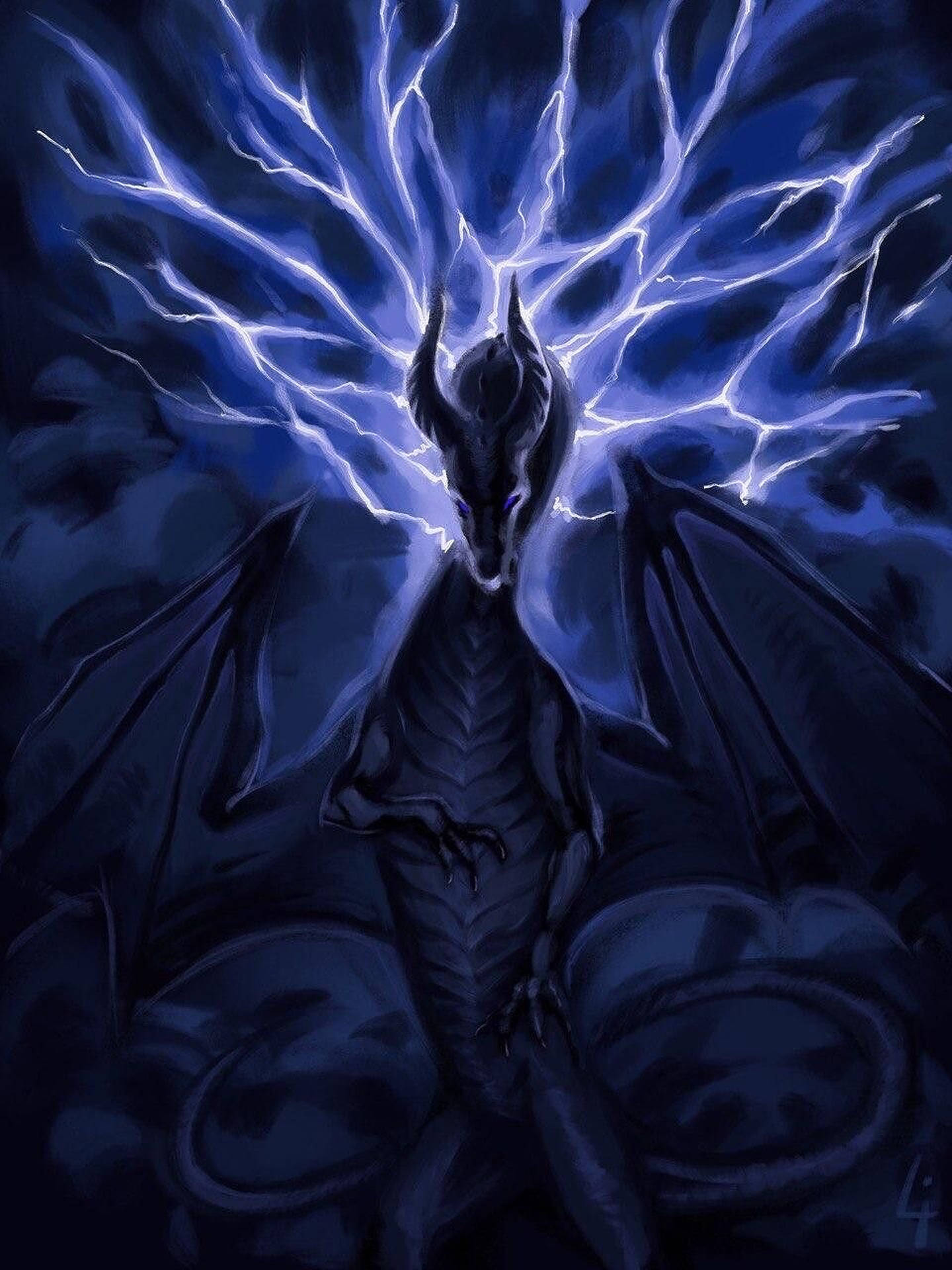 雷龍 桌布 壁紙 — 一條暗黑龍，眼睛發光，頭部散發出閃電，背景是暴風雨的藍天。