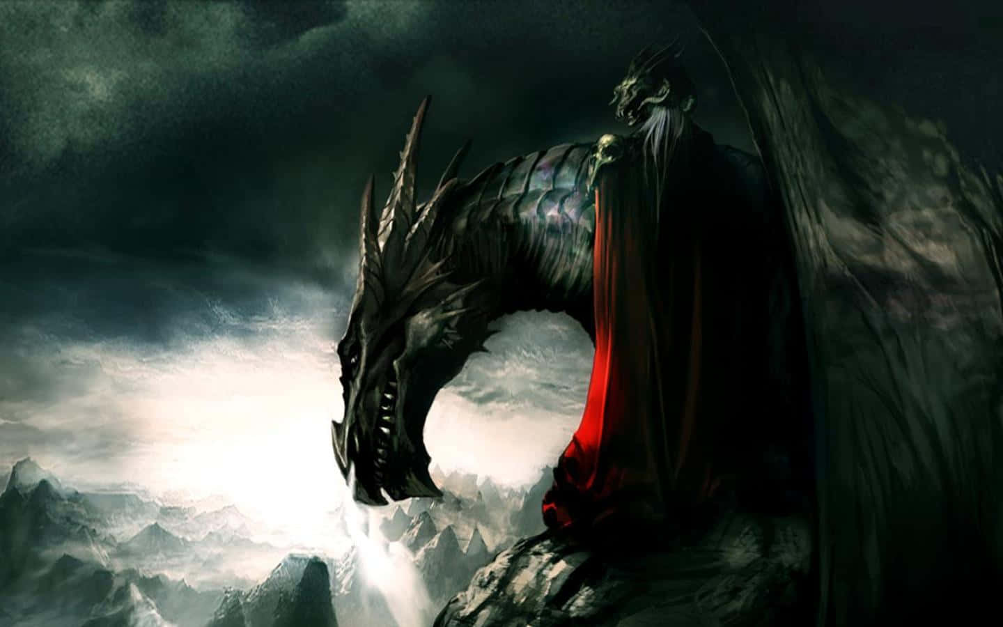 Awesome Dragon 桌布 壁紙 — 一條暗黑龍發光的眼睛棲息在懸崖上，俯瞰著陰沉天空下的暴風雨山脈。