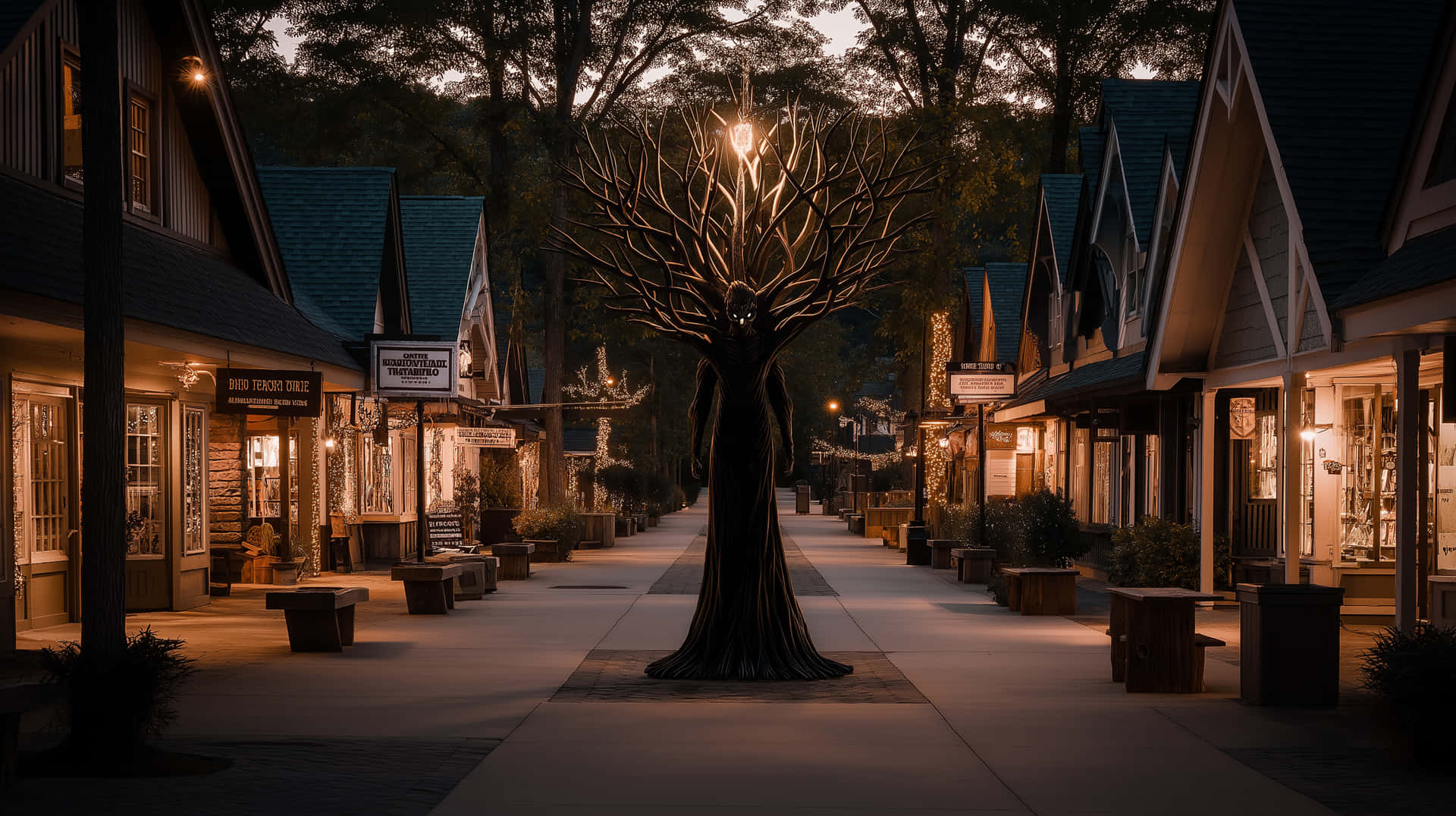 Eerie Illuminated Tree in Twilight Town Street 壁紙 — 一條暮色街道，兩旁是古雅的商店，中央的發光樹雕塑在行人路上投下溫暖的光芒。
